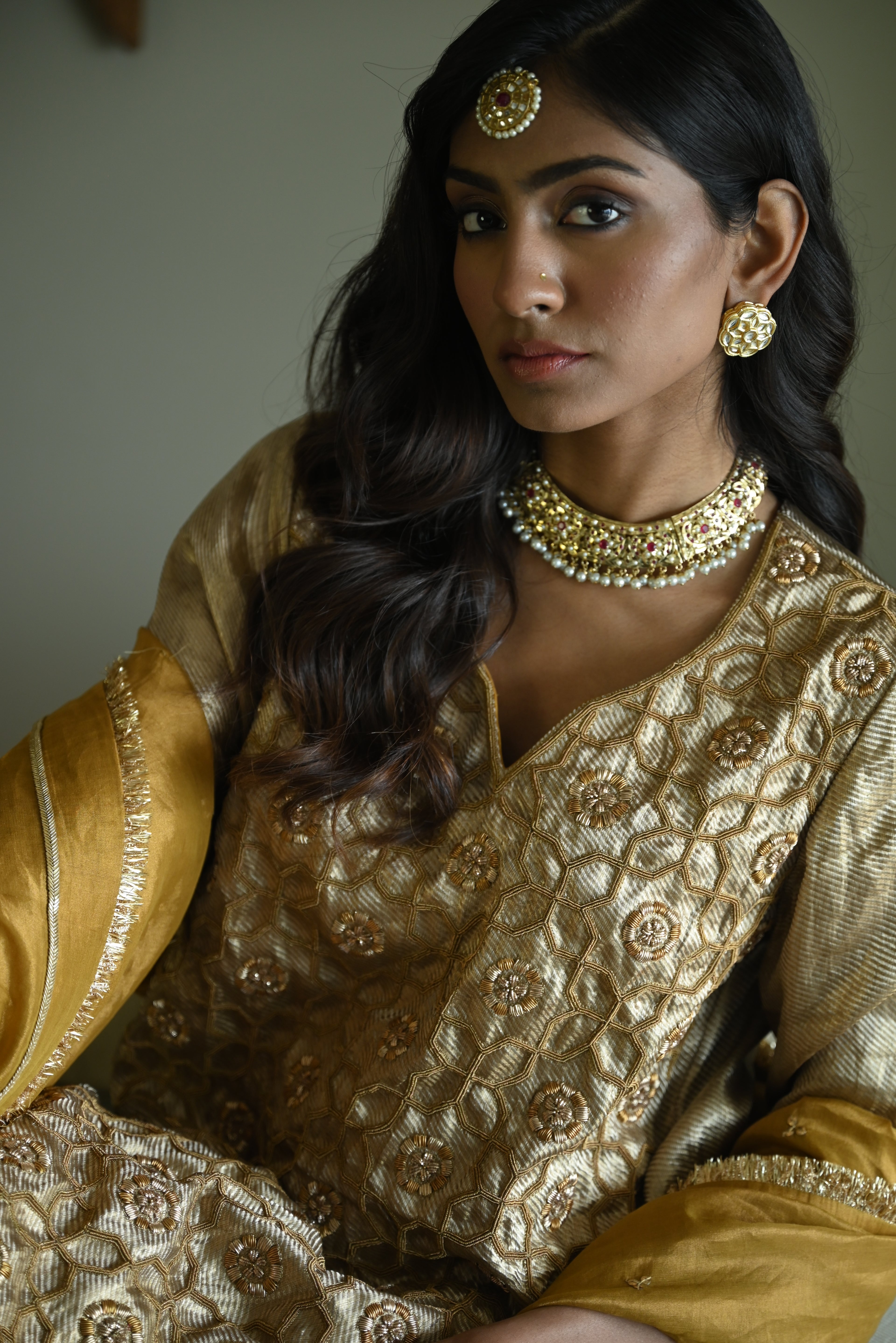Sitara Kurta in Gold Brocade with Gold Tissue Sharara