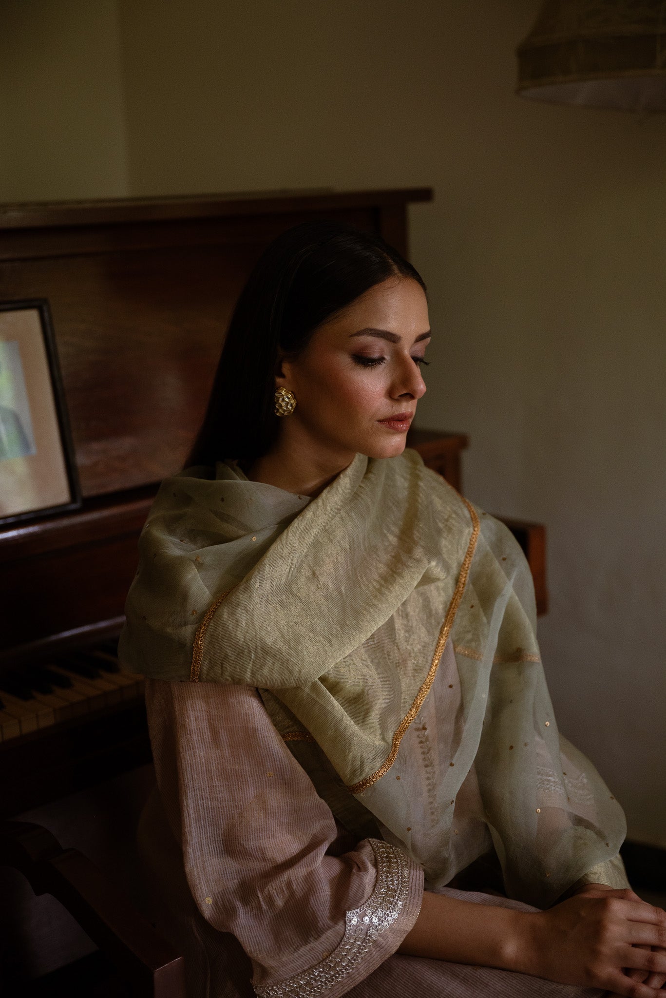 Nur jahan Sage Green Sati And Organza Dupatta