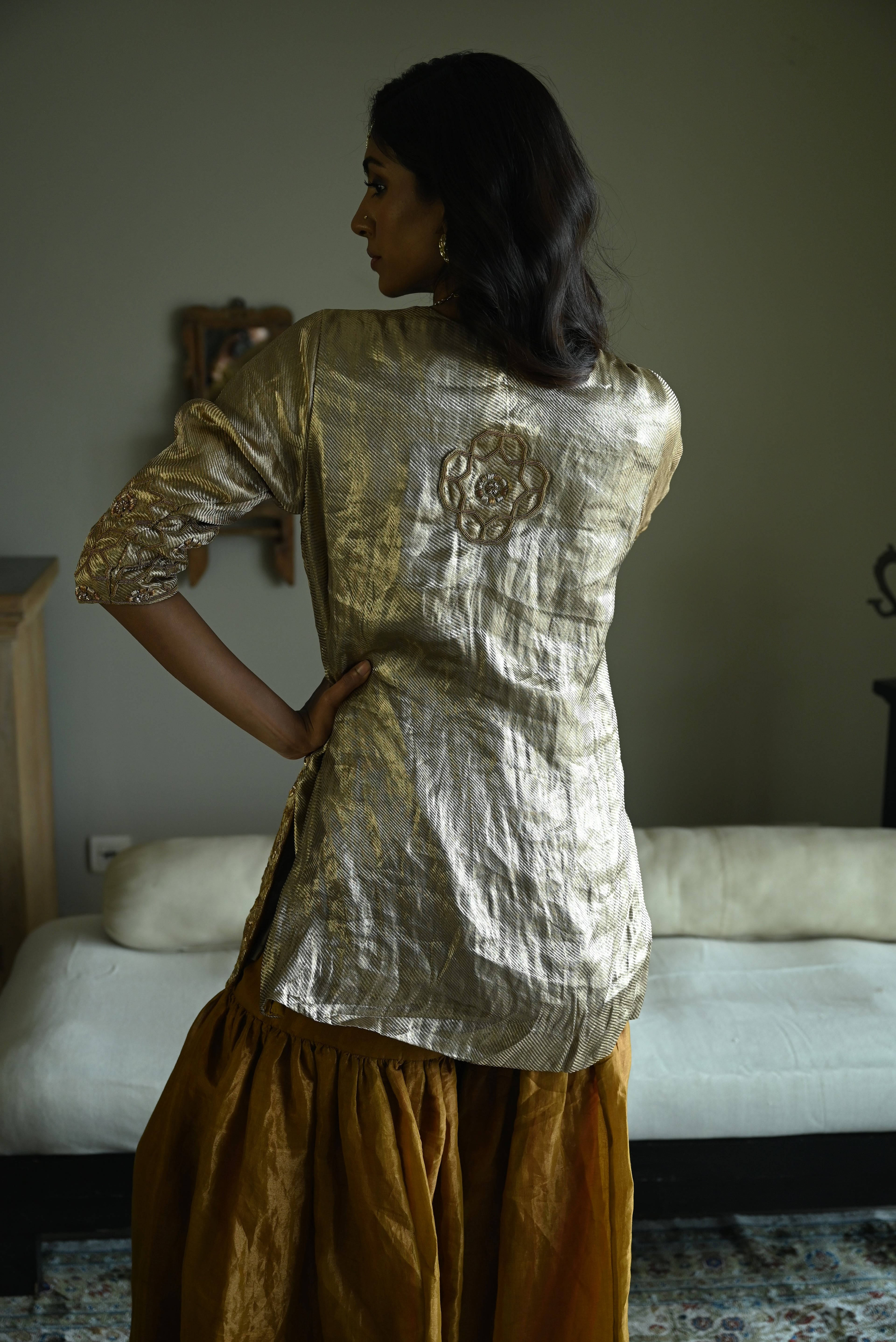 Sitara Kurta in Gold Brocade with Gold Tissue Sharara