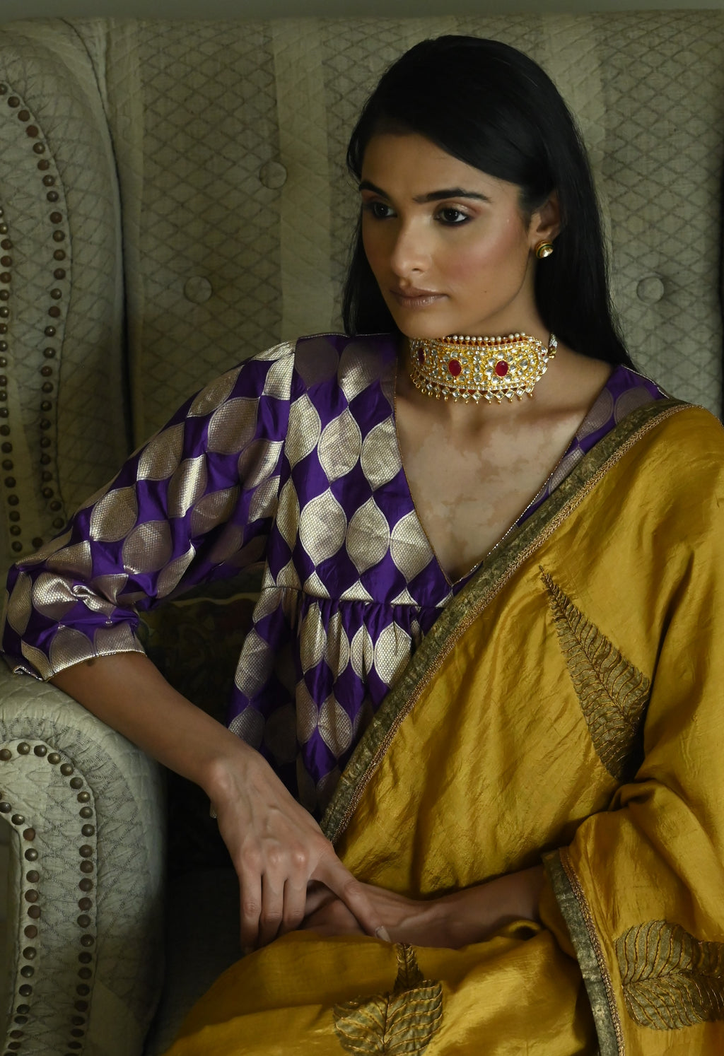 Empireline Blouse in Purple Brocade