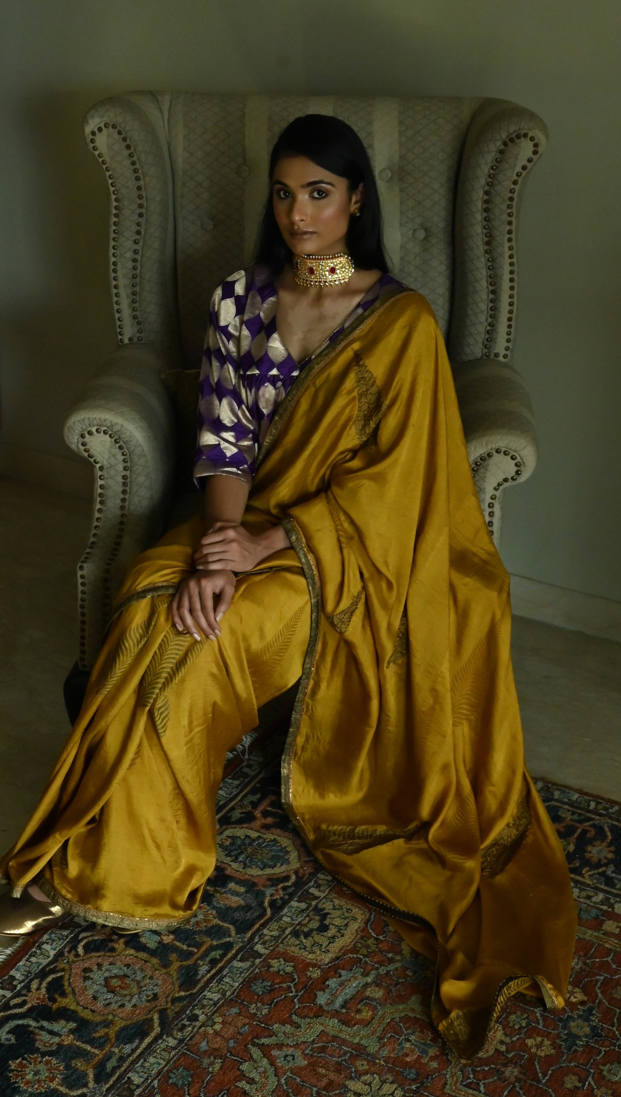 Haldi Patta Print Saree in Ochre Pure Silk