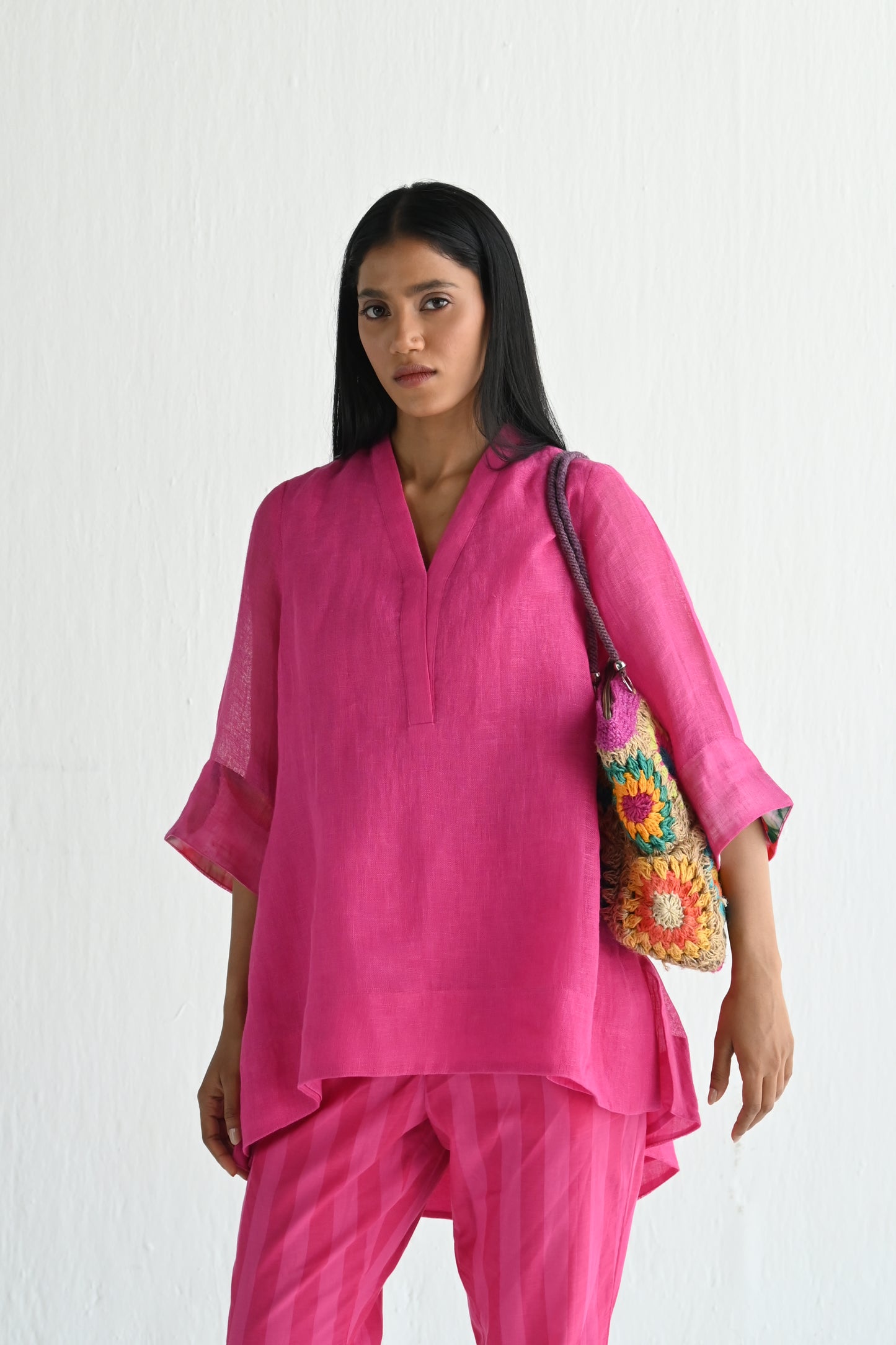 Oonch Neech Kurta in Hot Pink Linen with Stripes Pant