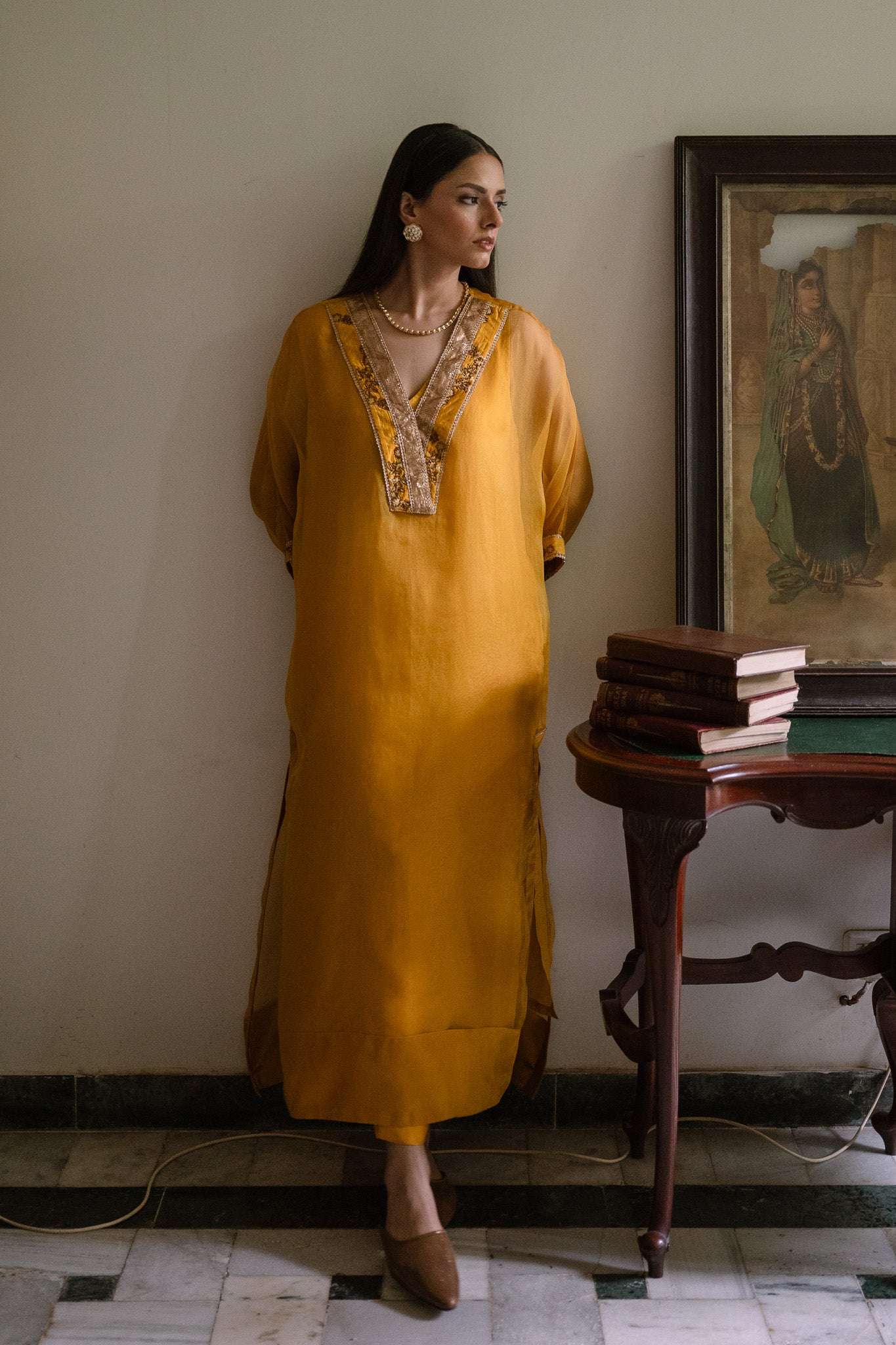 Waahida Kaftan in Ochre Organza with Satin Silk Slip