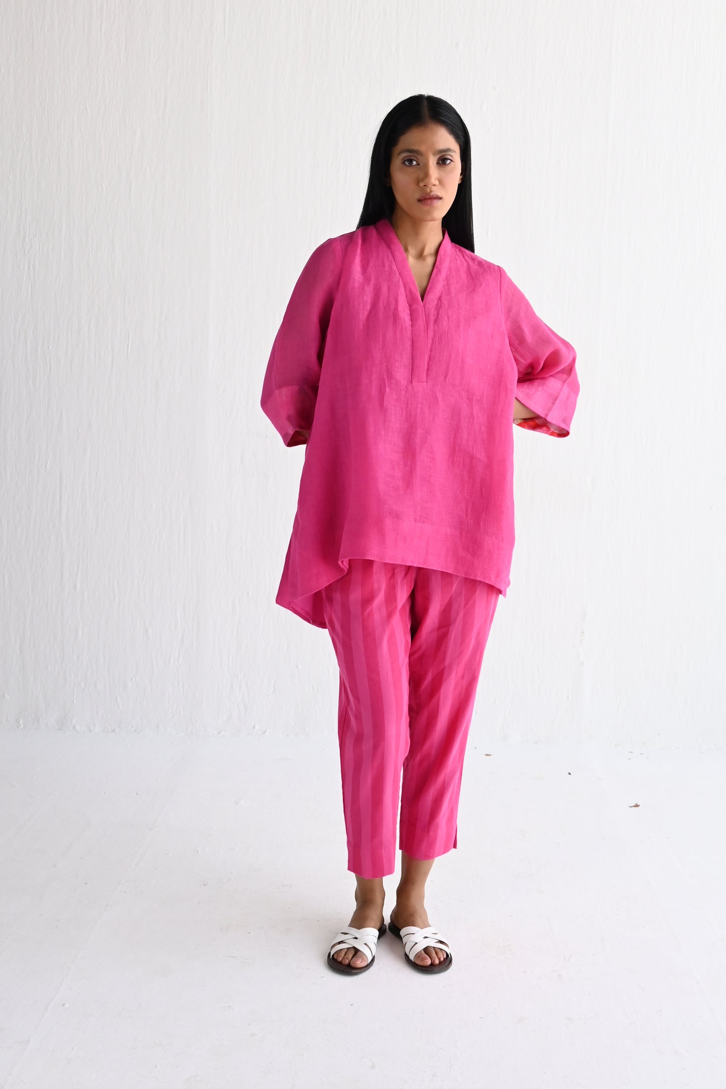 Oonch Neech Kurta in Hot Pink Linen with Stripes Pant