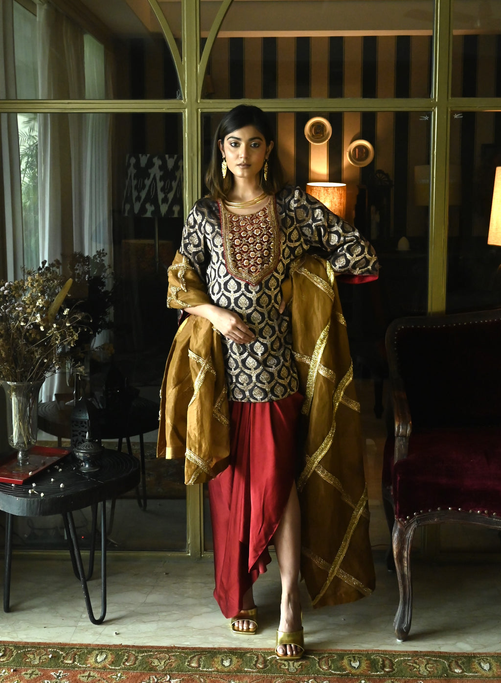 Shruti Kurta in Brown paan Brocade with Red Cowl Skirt