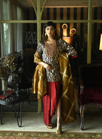 Shruti Kurta in Brown paan Brocade with Red Cowl Skirt