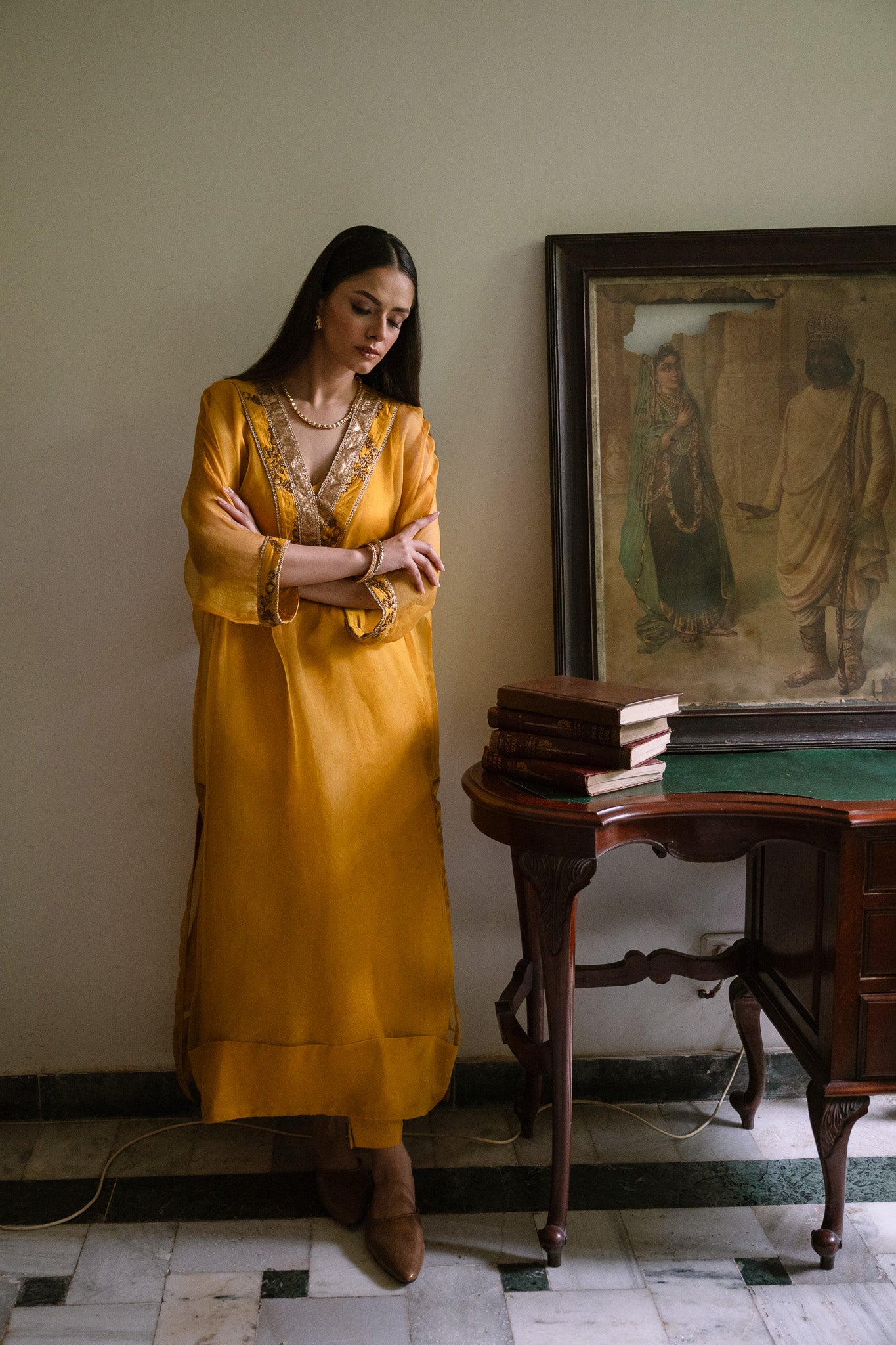 Waahida Kaftan in Ochre Organza with Satin Silk Slip