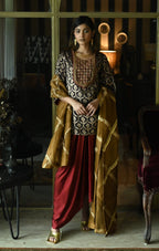 Shruti Kurta in Brown paan Brocade with Red Cowl Skirt