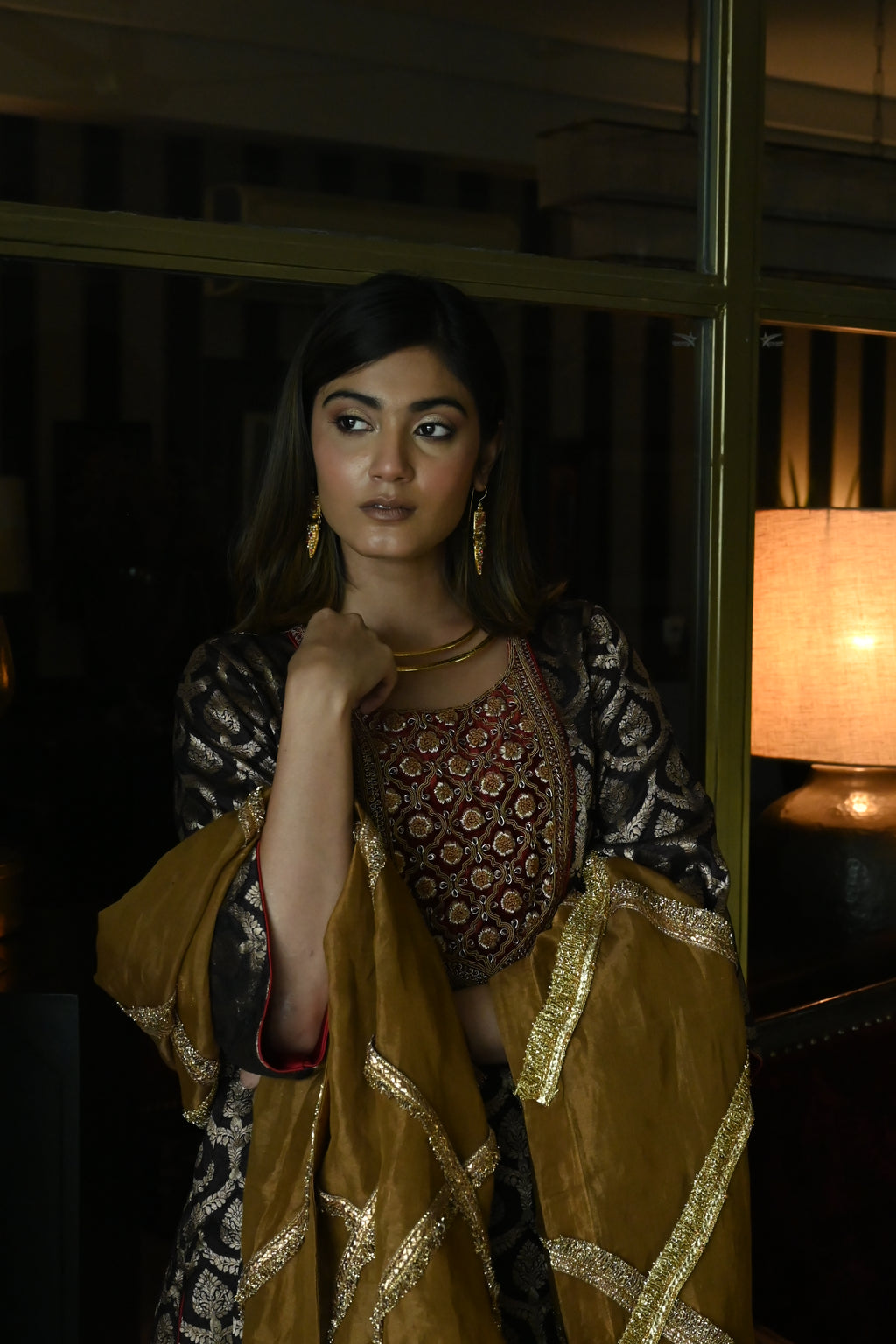 Shruti Kurta in Brown paan Brocade with Red Cowl Skirt