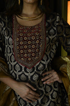 Shruti Kurta in Brown paan Brocade with Red Cowl Skirt