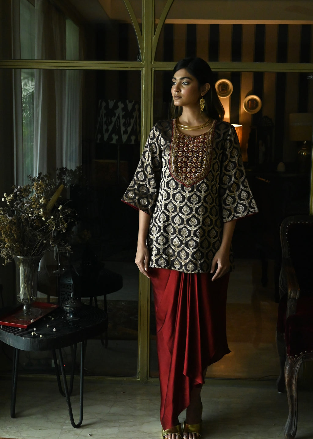 Shruti Kurta in Brown paan Brocade with Red Cowl Skirt