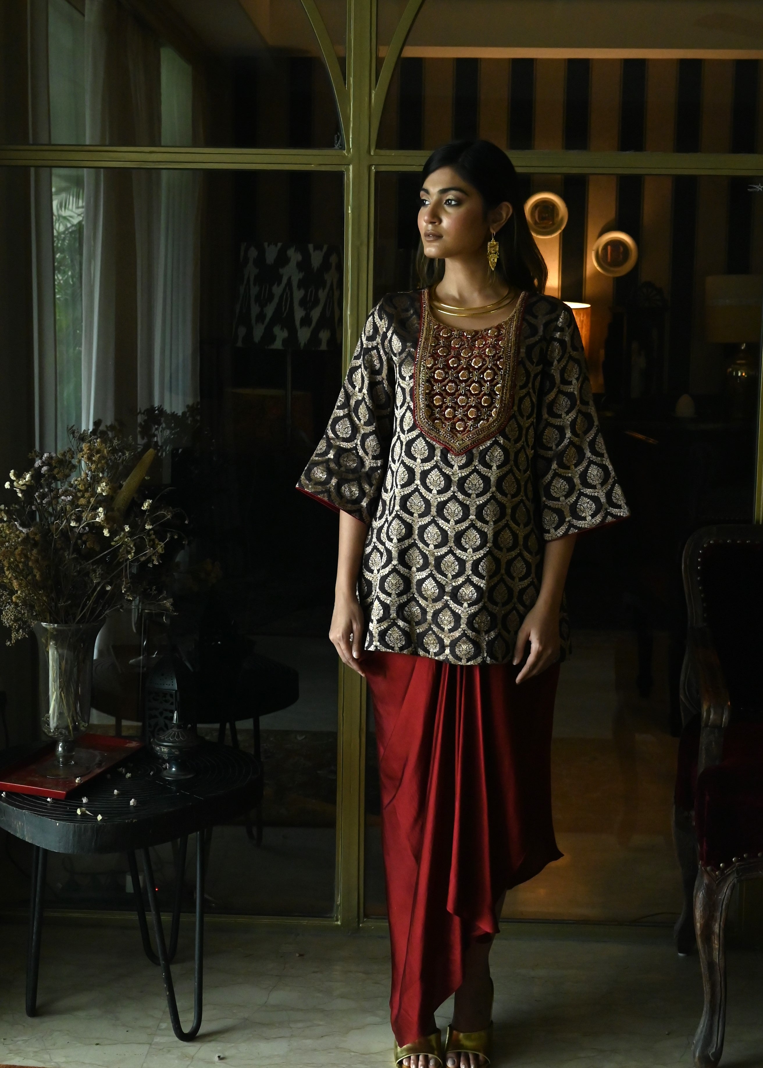 Shruti Kurta in Brown paan Brocade with Red Cowl Skirt