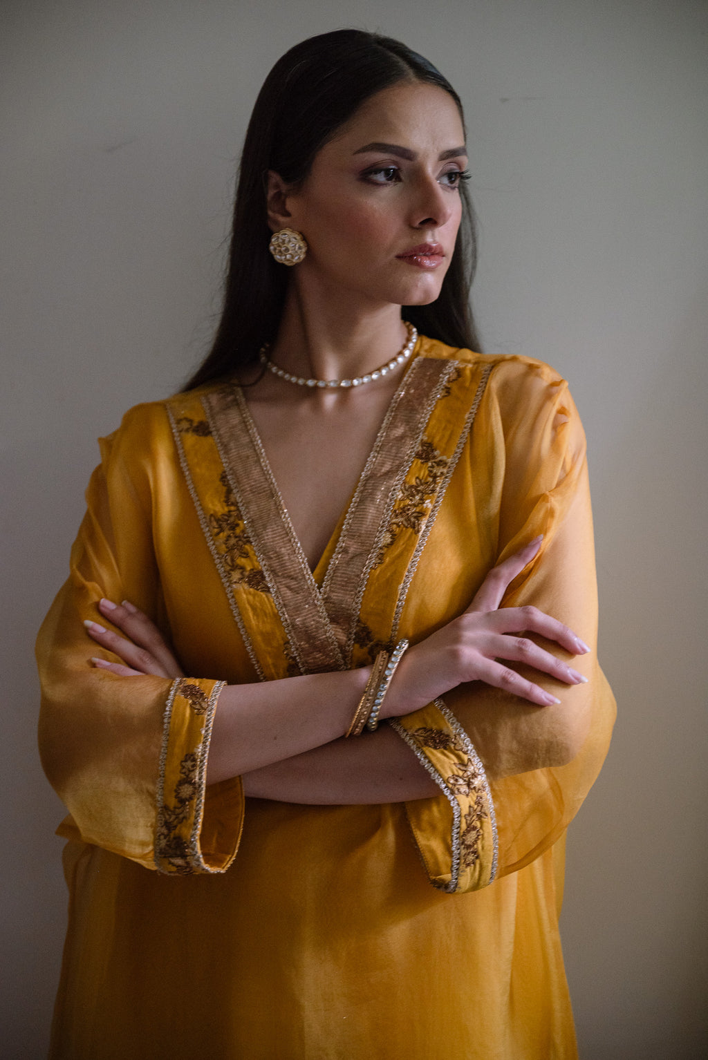 Waahida Kaftan in Ochre Organza with Satin Silk Slip