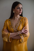 Waahida Kaftan in Ochre Organza with Satin Silk Slip