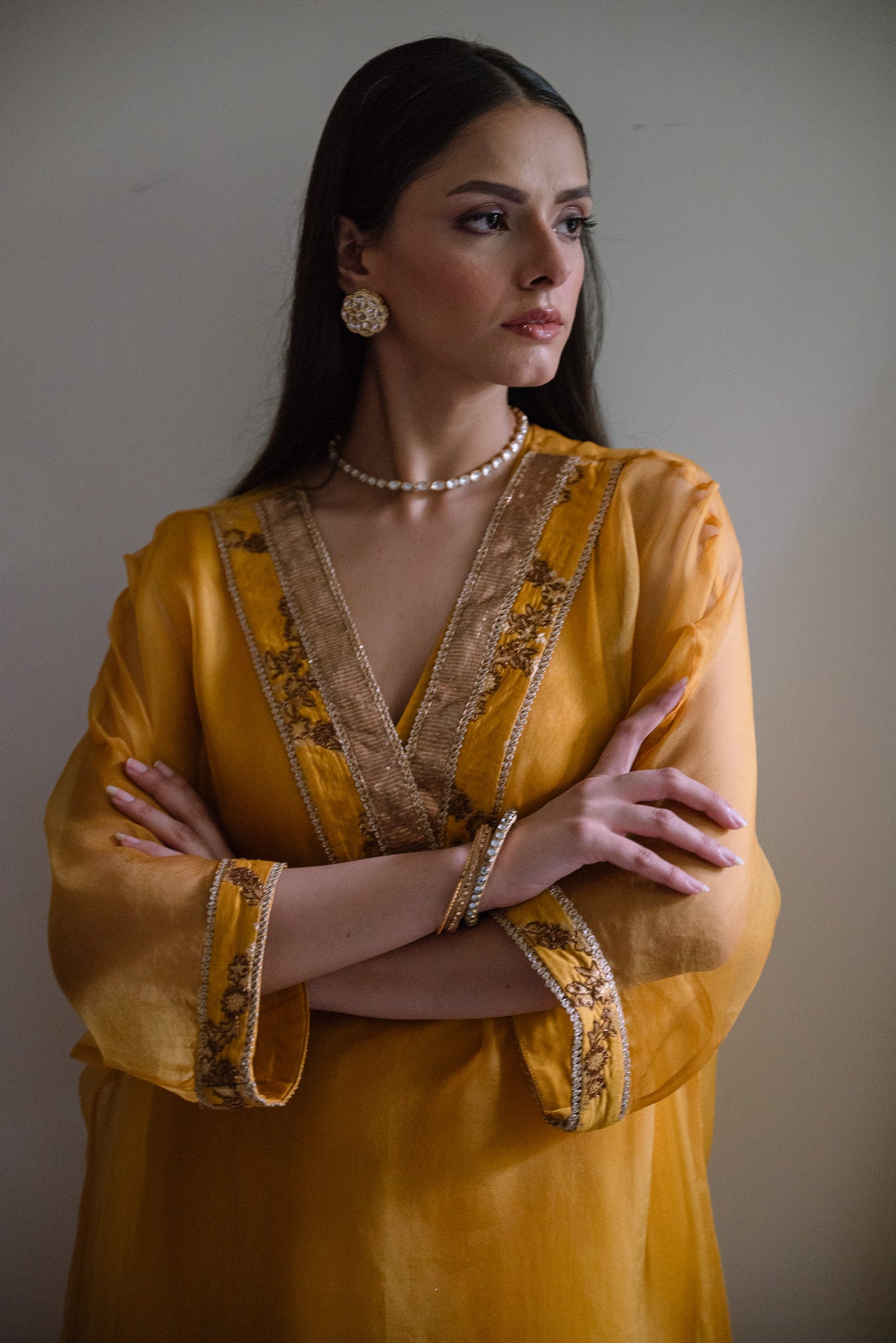 Waahida Kaftan in Ochre Organza with Satin Silk Slip