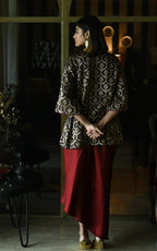 Shruti Kurta in Brown paan Brocade with Red Cowl Skirt