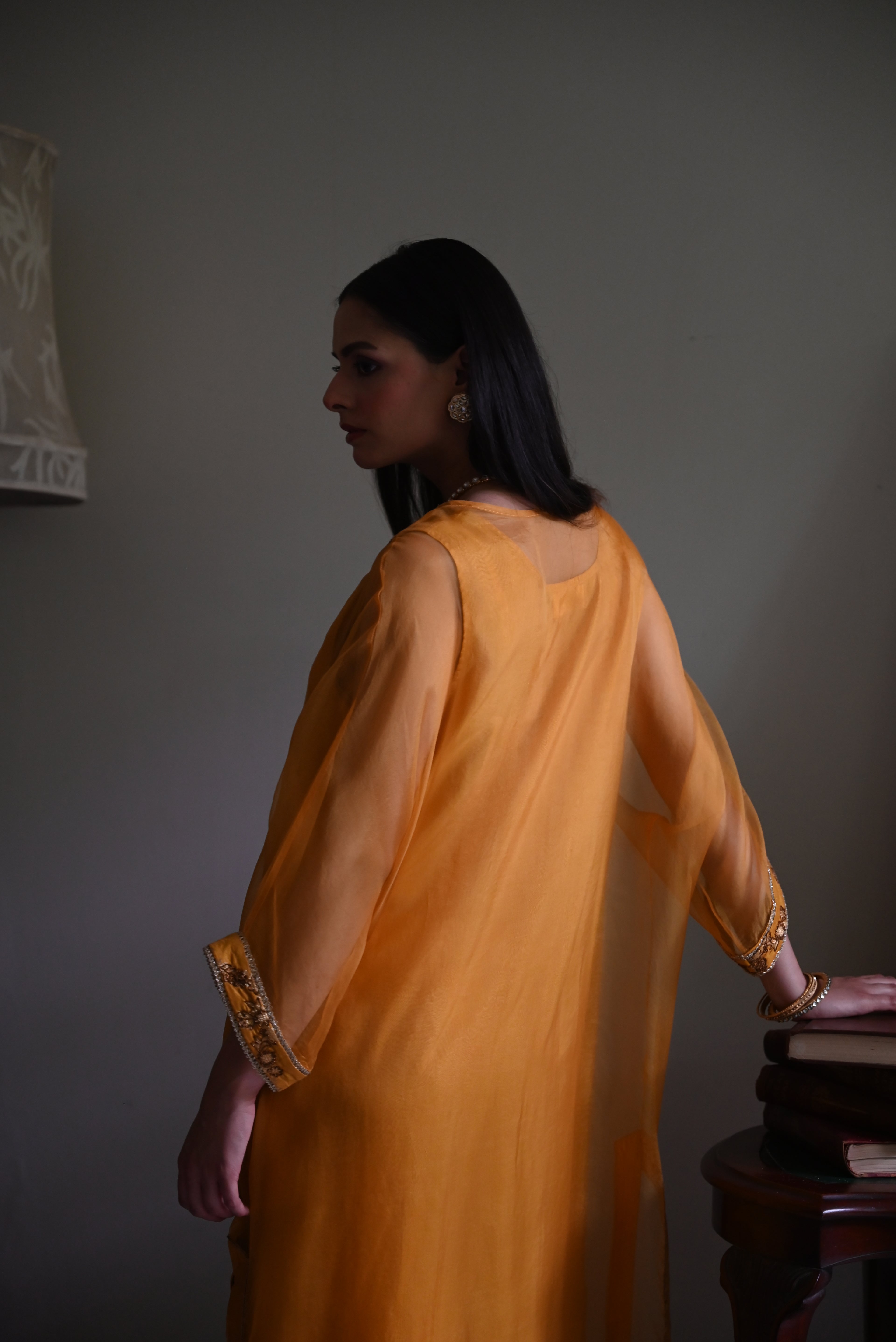 Waahida Kaftan in Ochre Organza with Satin Silk Slip