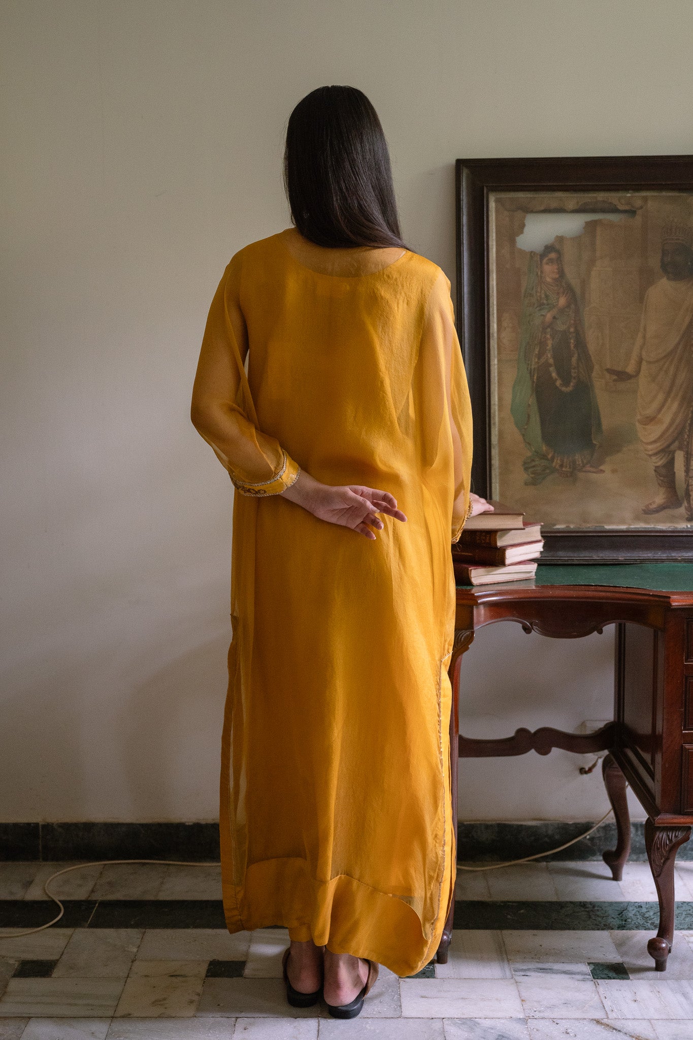Waahida Kaftan in Ochre Organza with Satin Silk Slip