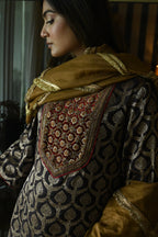 Shruti Kurta in Brown paan Brocade with Red Cowl Skirt