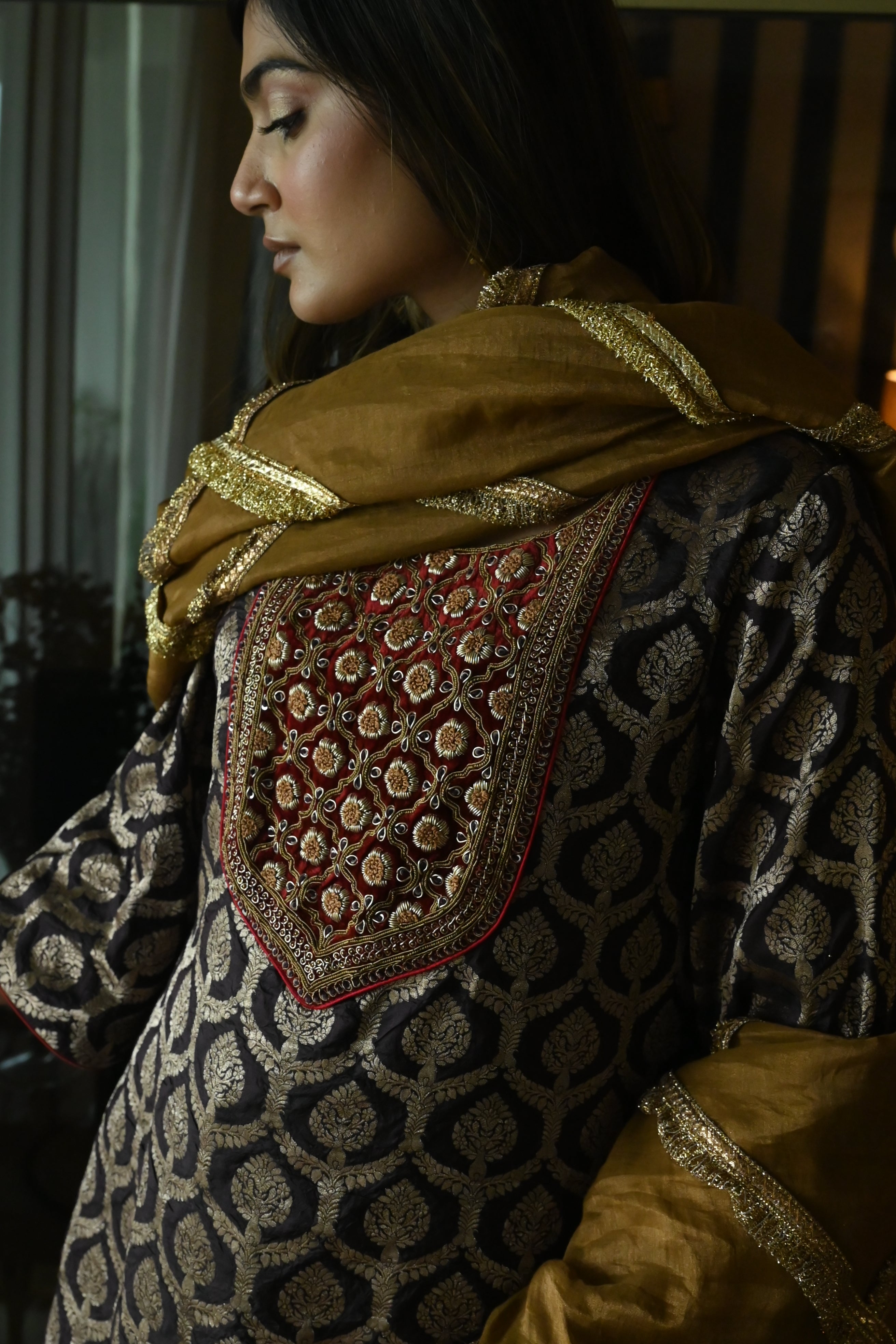 Shruti Kurta in Brown paan Brocade with Red Cowl Skirt