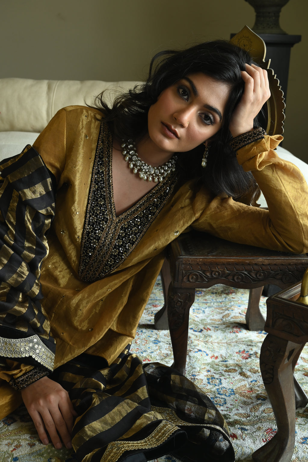 Churi Shabana with Kalis in Gold Tissue with Garara