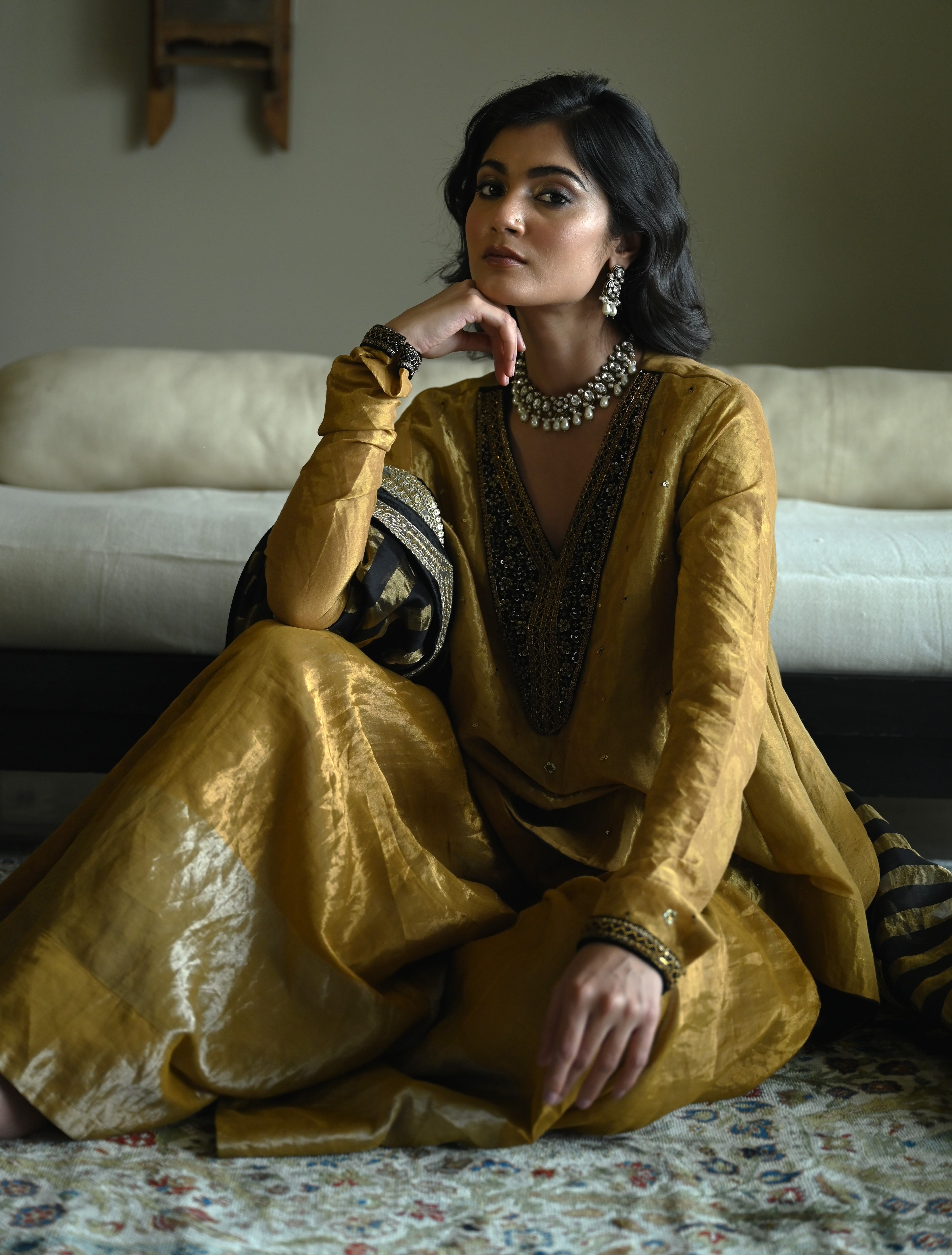 Churi Shabana with Kalis in Gold Tissue with Garara