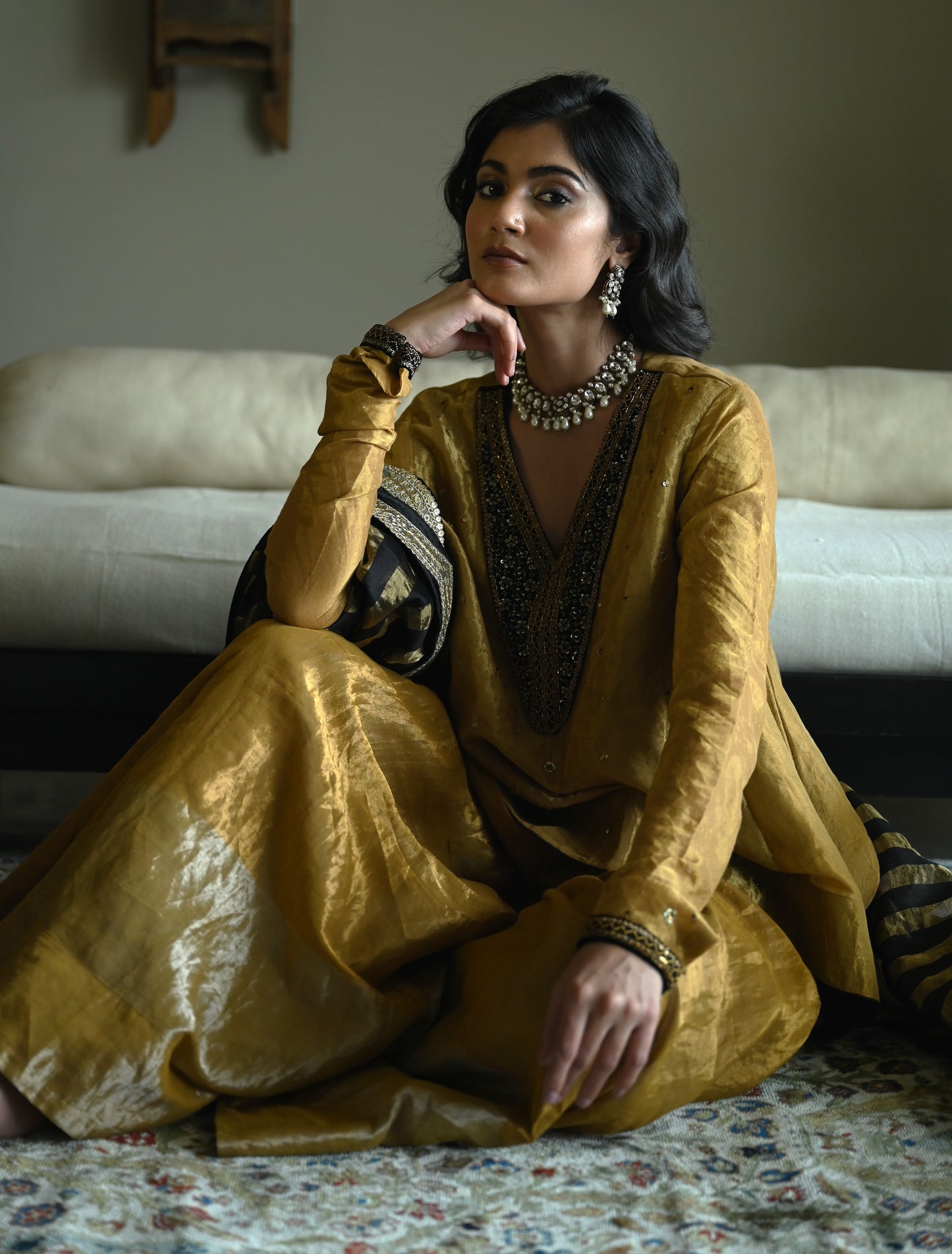 Churi Shabana with Kalis in Gold Tissue with Garara