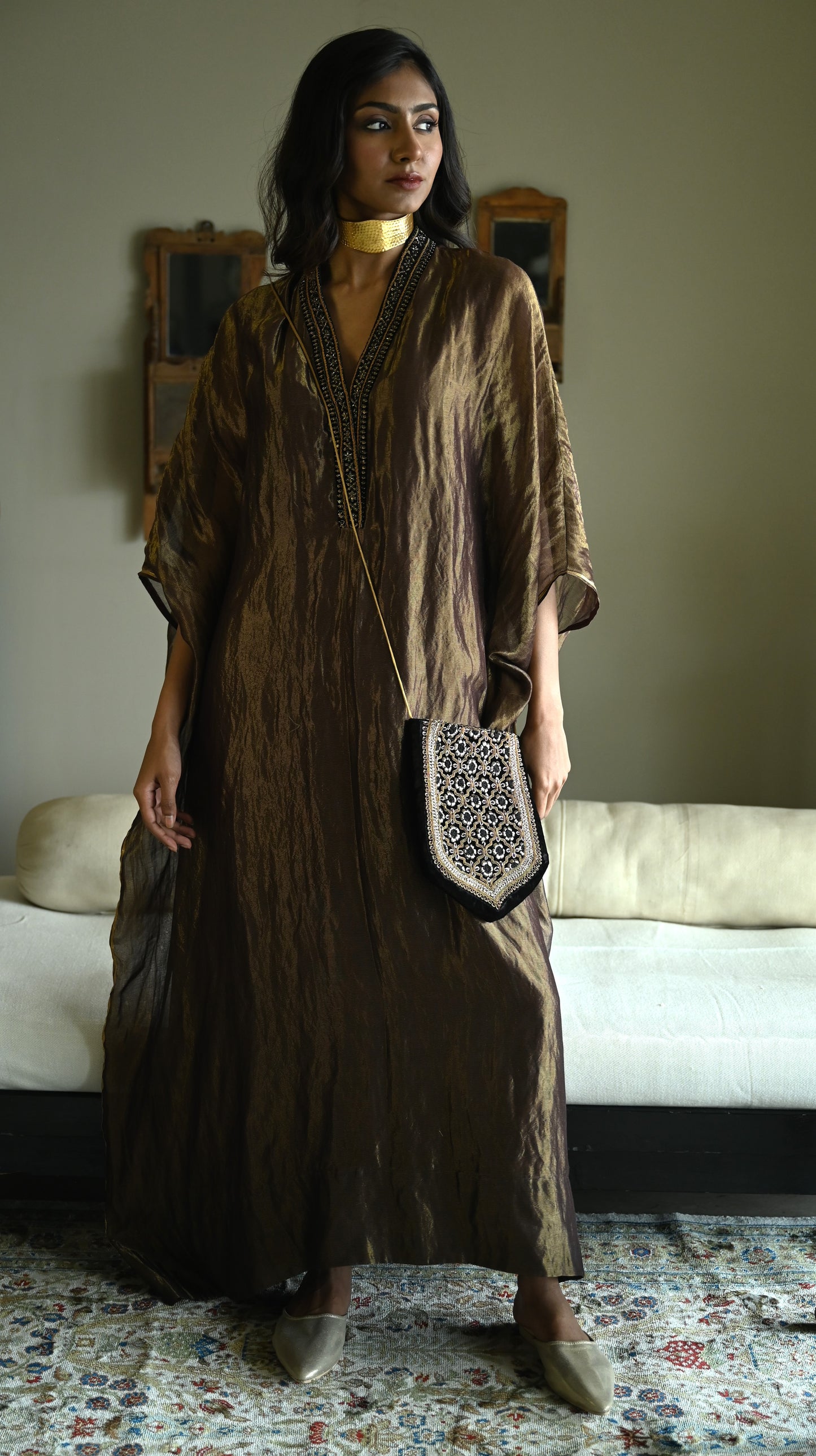 Tyohaar Kaftan in Black Pin Stripe Chanderi
