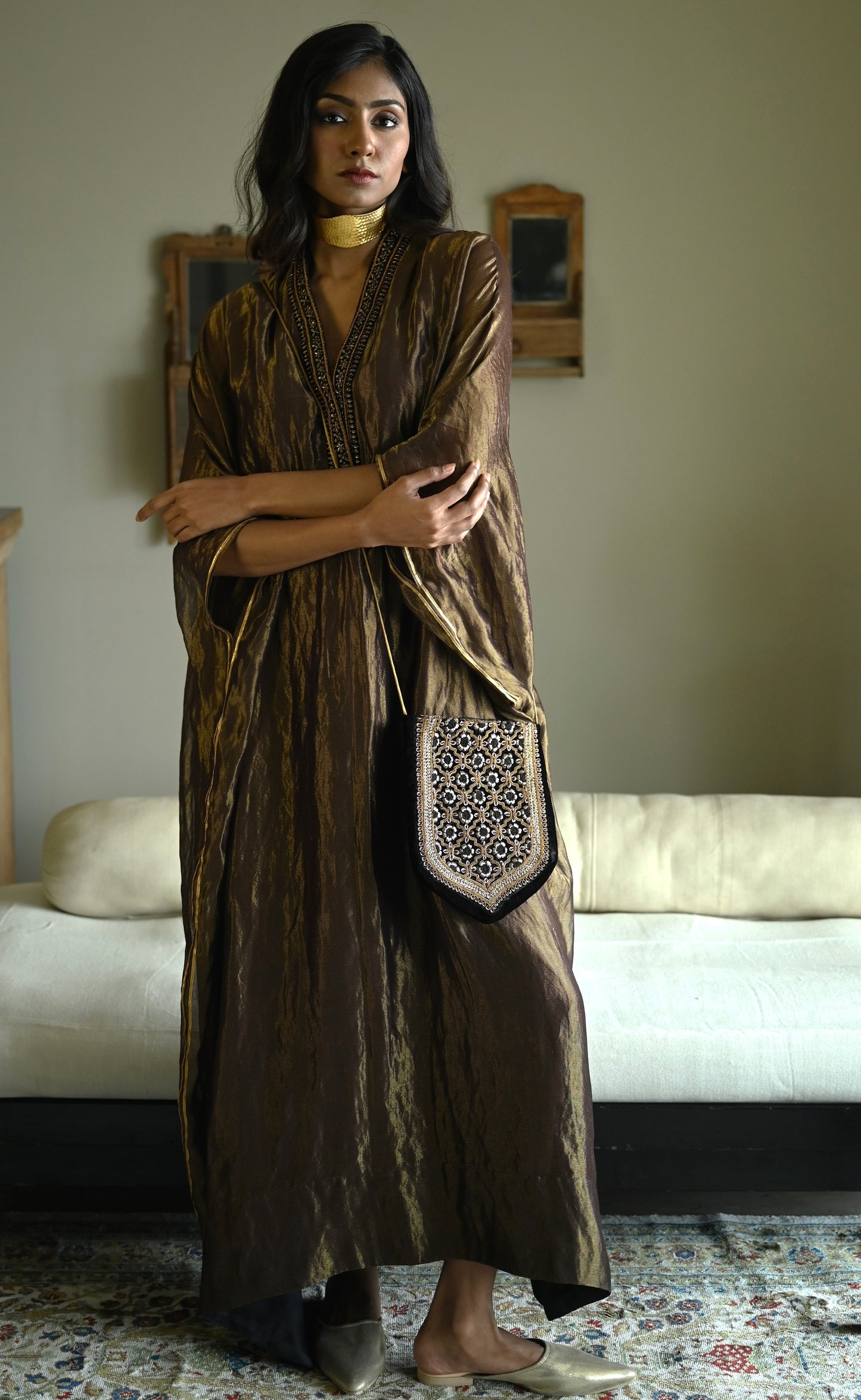 Tyohaar Kaftan in Black Pin Stripe Chanderi