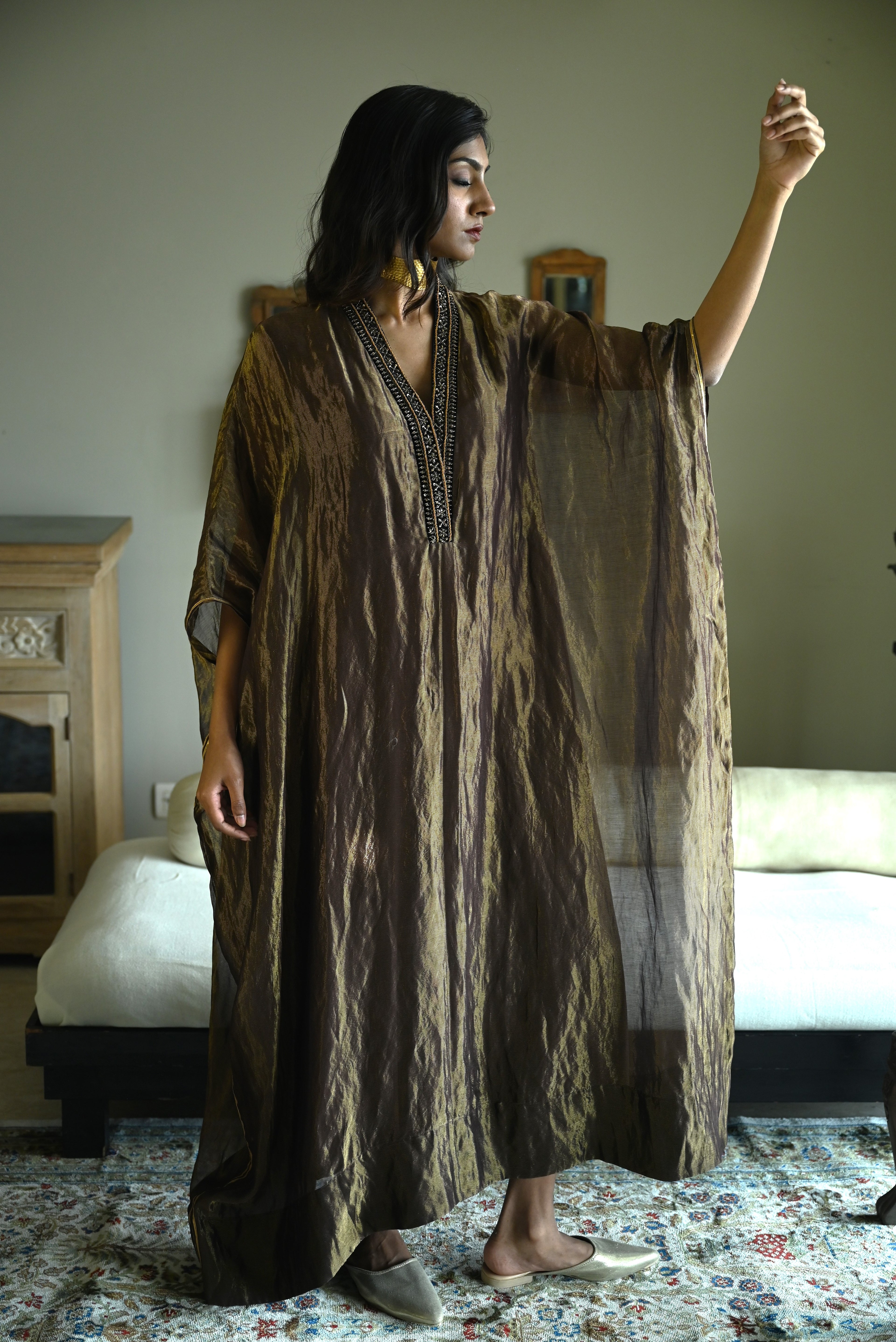 Tyohaar Kaftan in Black Pin Stripe Chanderi