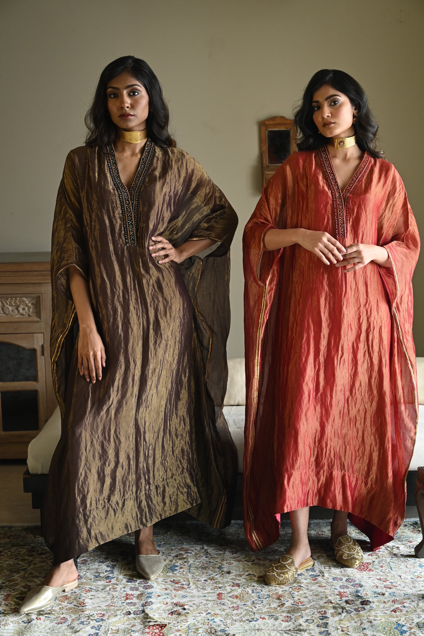 Tyohaar Kaftan in Red Pin Stripe Chanderi