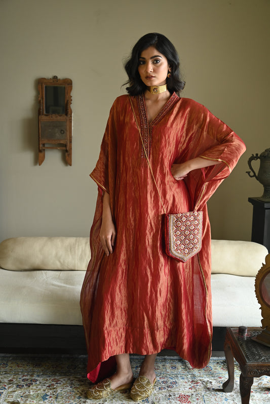 Tyohaar Kaftan in Red Pin Stripe Chanderi