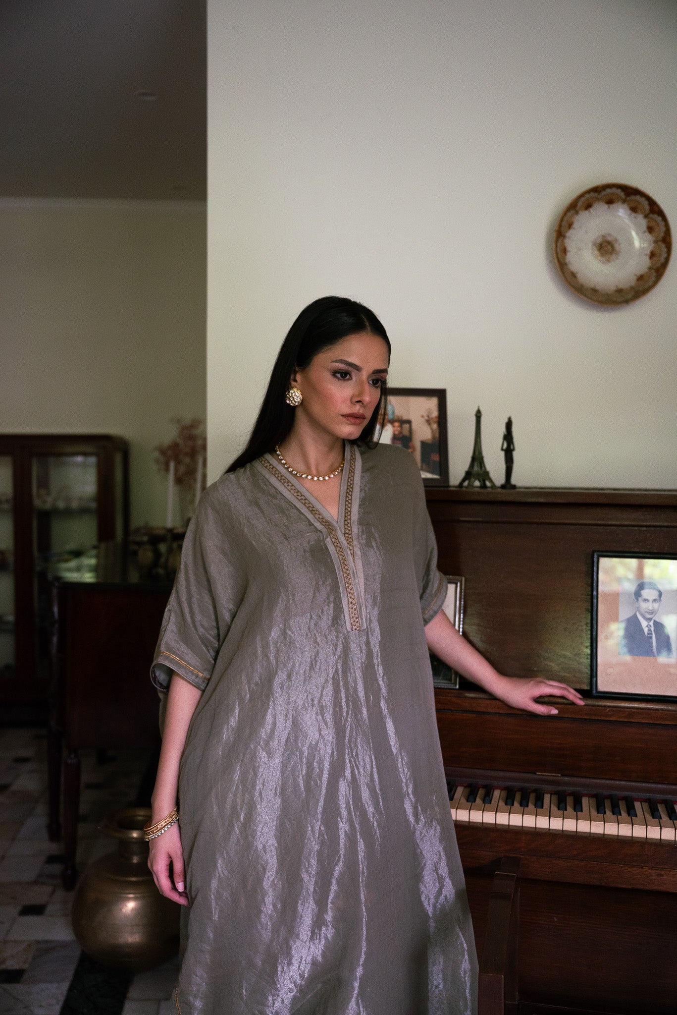 Richa kaftan in Sage Green Tissue with Sage Green Tissue Pant