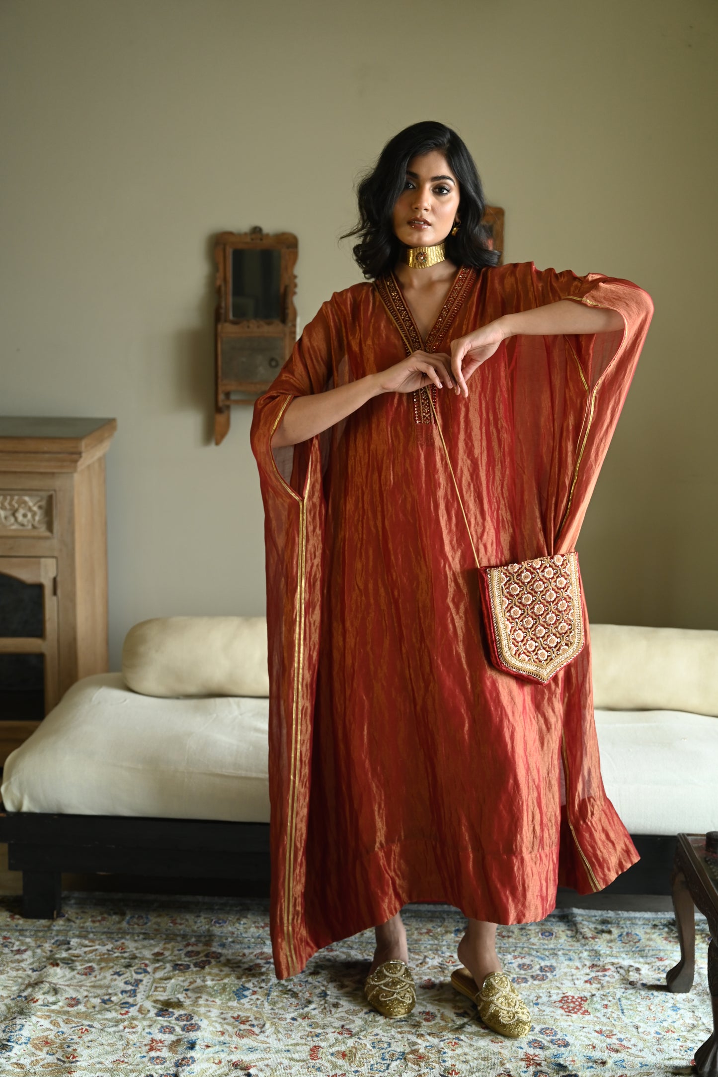 Tyohaar Kaftan in Red Pin Stripe Chanderi