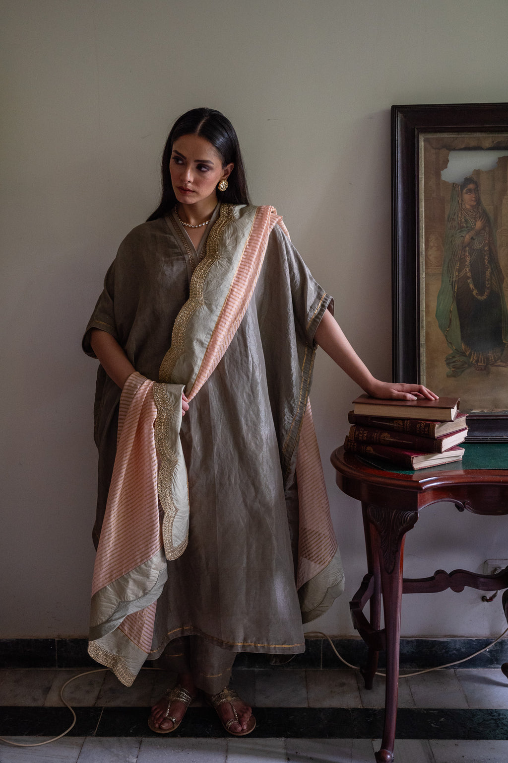 Nusrat Sameena Stripe in Ash Pink Dupatta