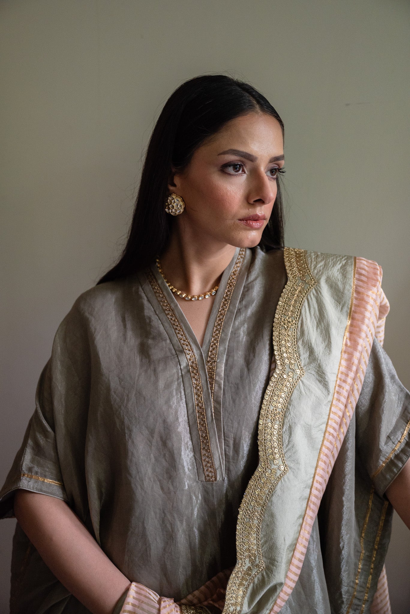 Richa kaftan in Sage Green Tissue with Sage Green Tissue Pant