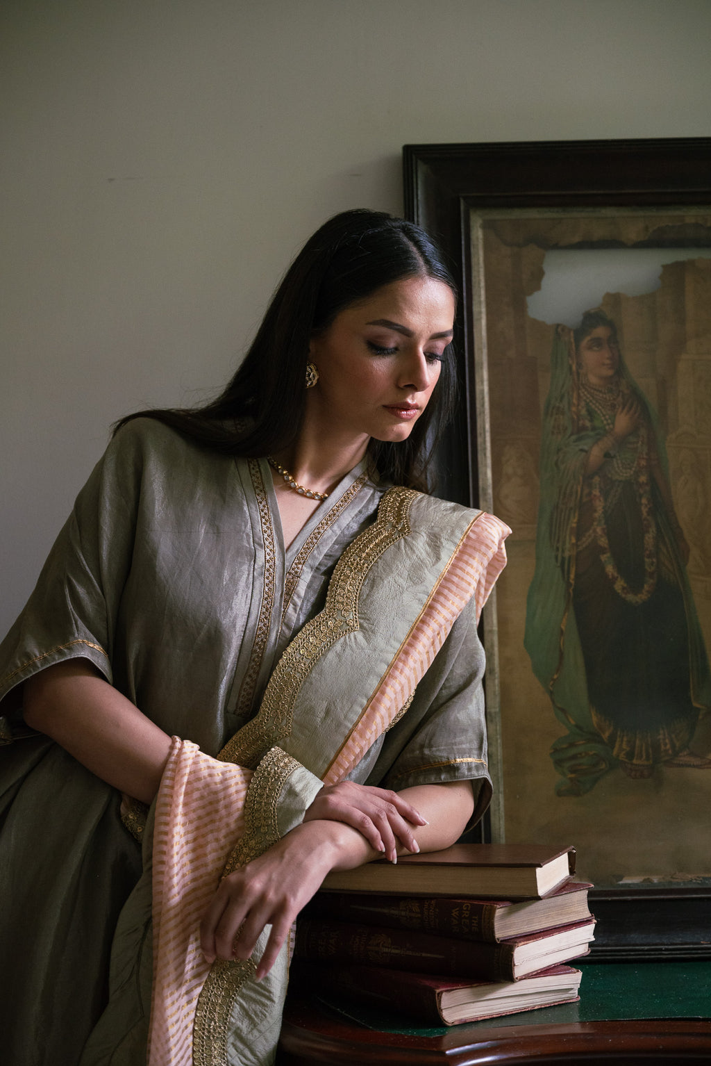 Richa kaftan in Sage Green Tissue with Sage Green Tissue Pant