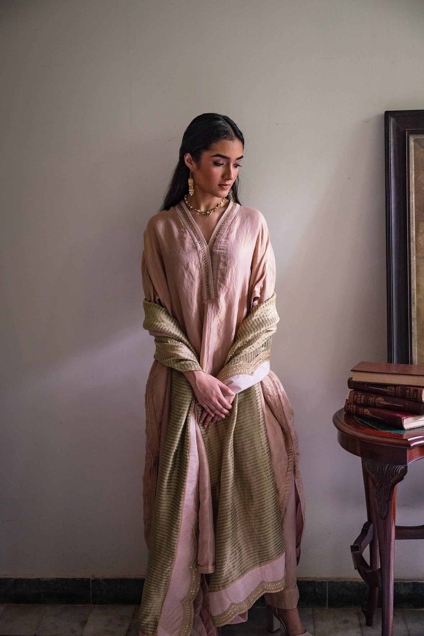 Richa kaftan in Mauve Tissue with Mauve Tissue Pant