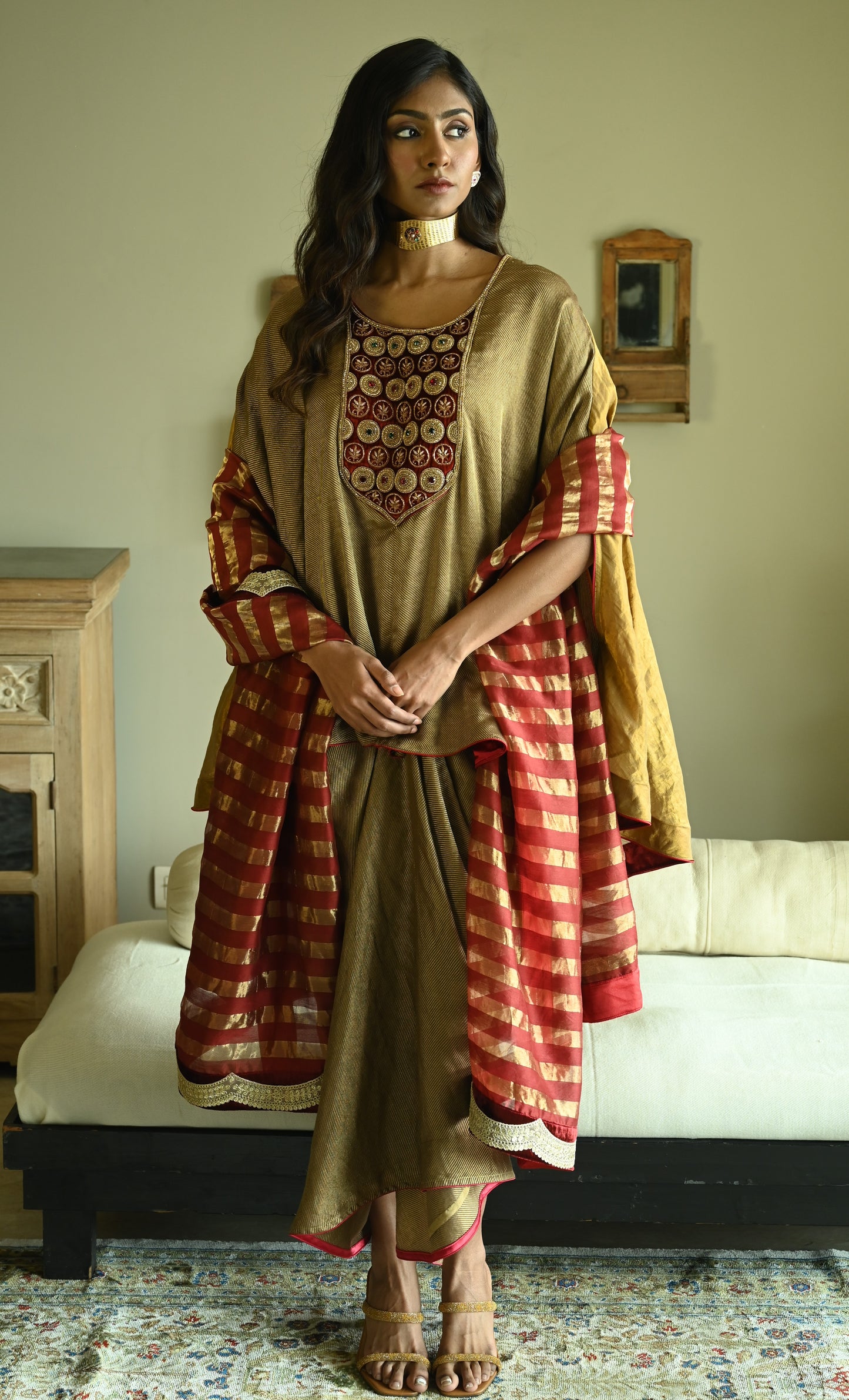 Begum Cape in Gold Tussar Brocade with Cowl Skirt