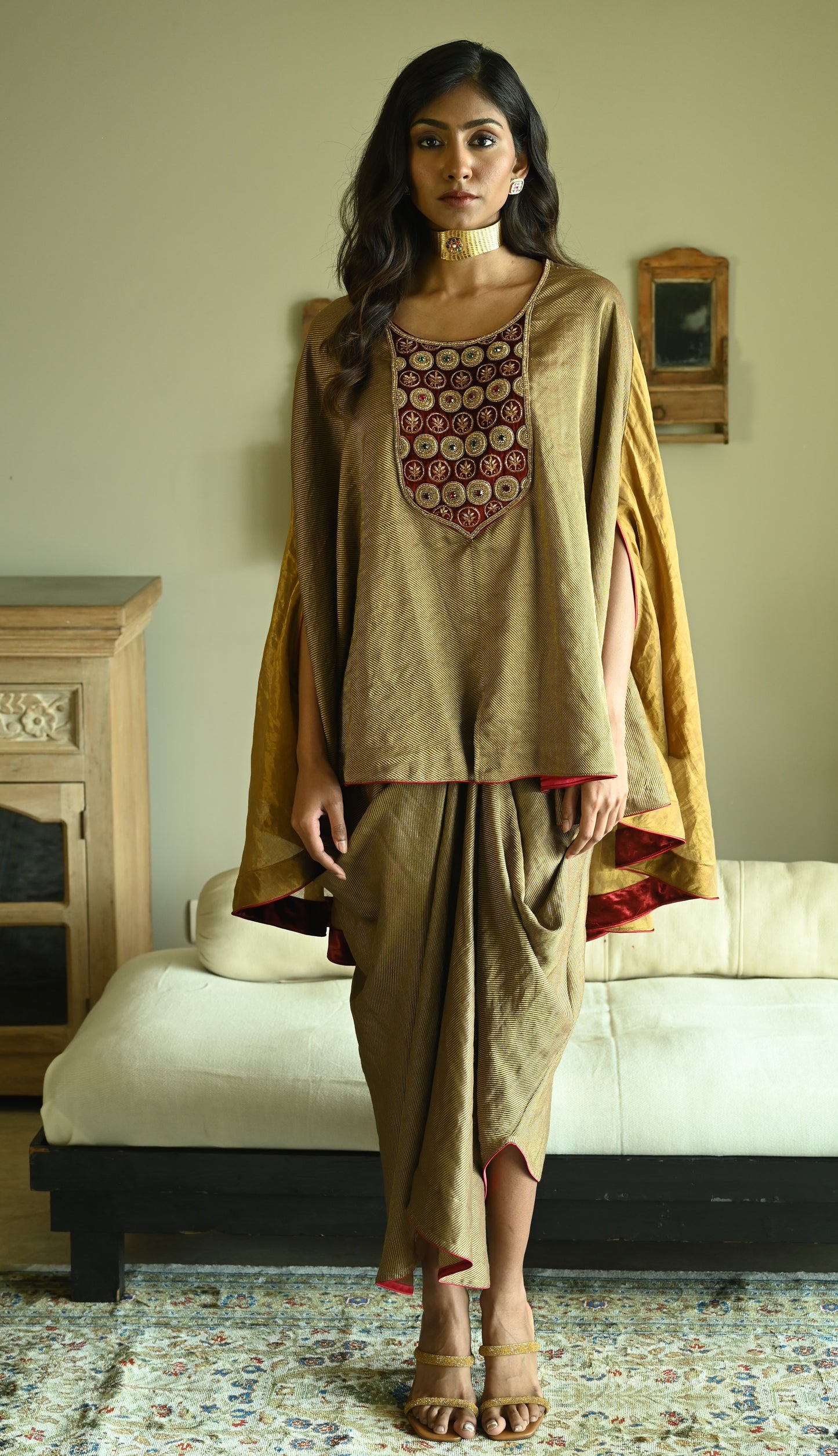Begum Cape in Gold Tussar Brocade with Cowl Skirt