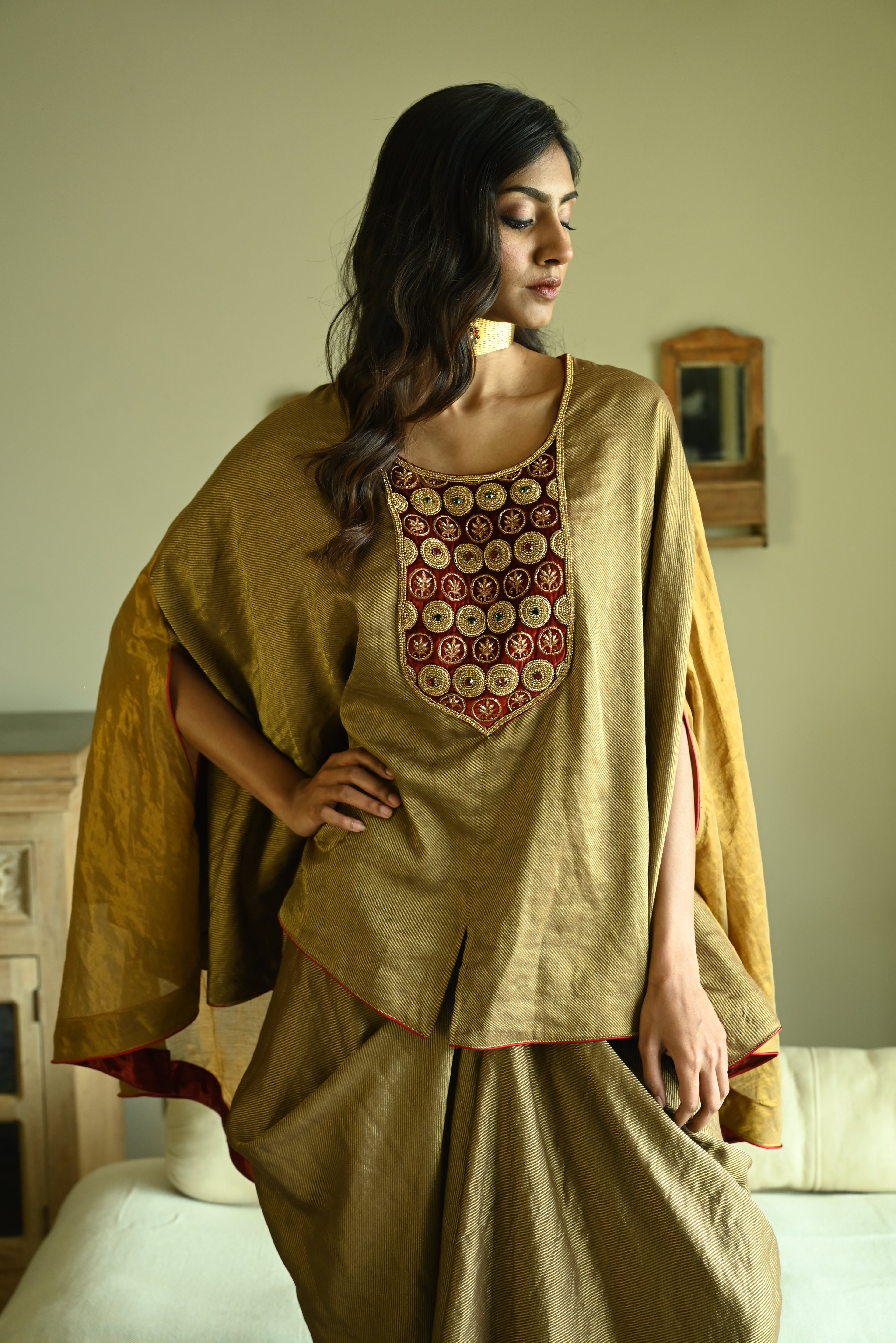 Begum Cape in Gold Tussar Brocade with Cowl Skirt