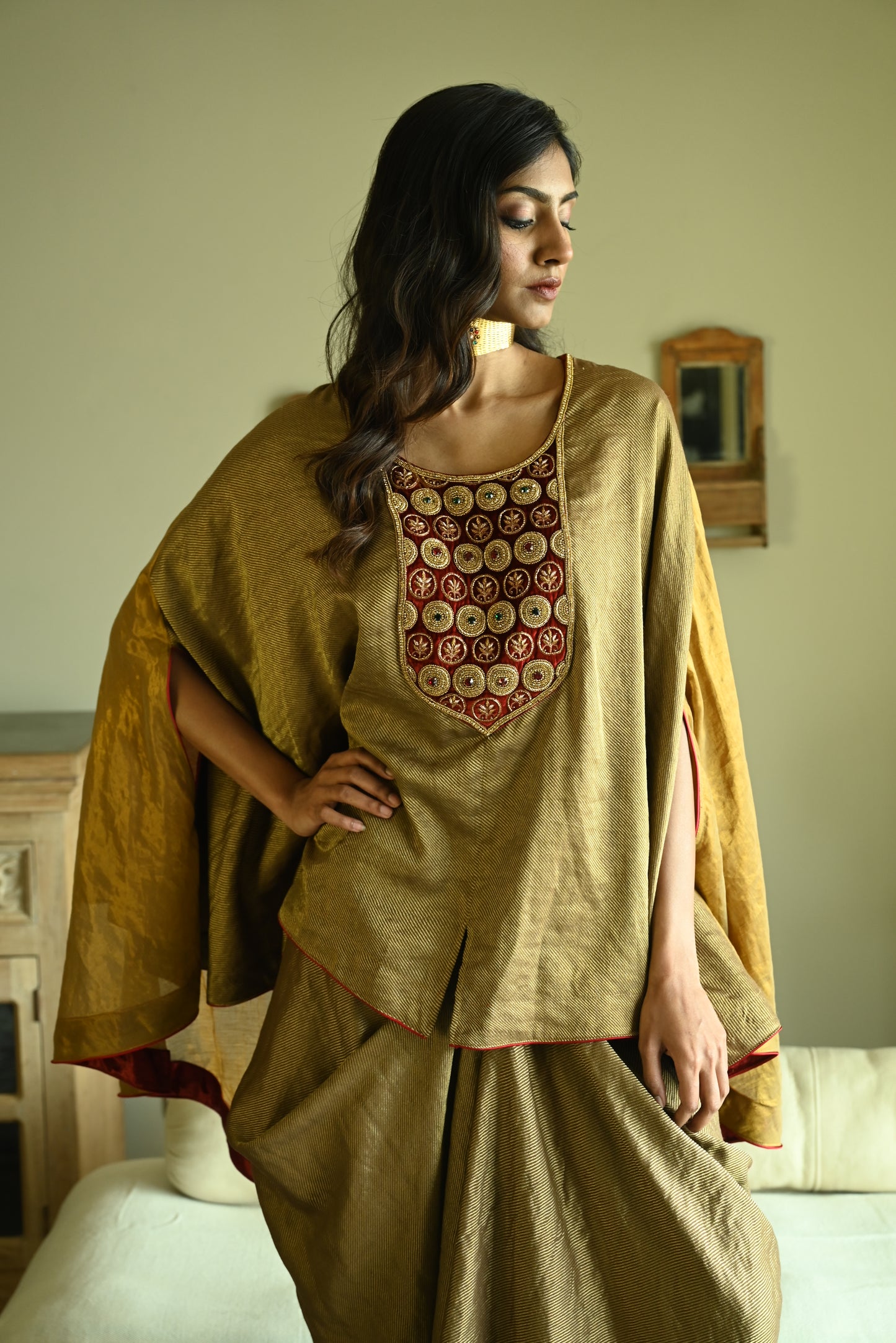Begum Cape in Gold Tussar Brocade with Cowl Skirt