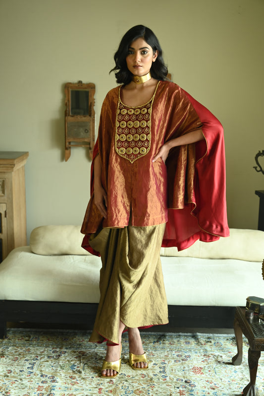 Begum Cape in Red Tissue with Cowl Skirt