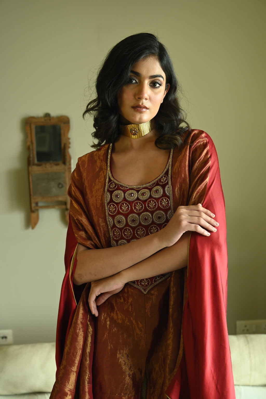 Begum Cape in Red Tissue with Cowl Skirt