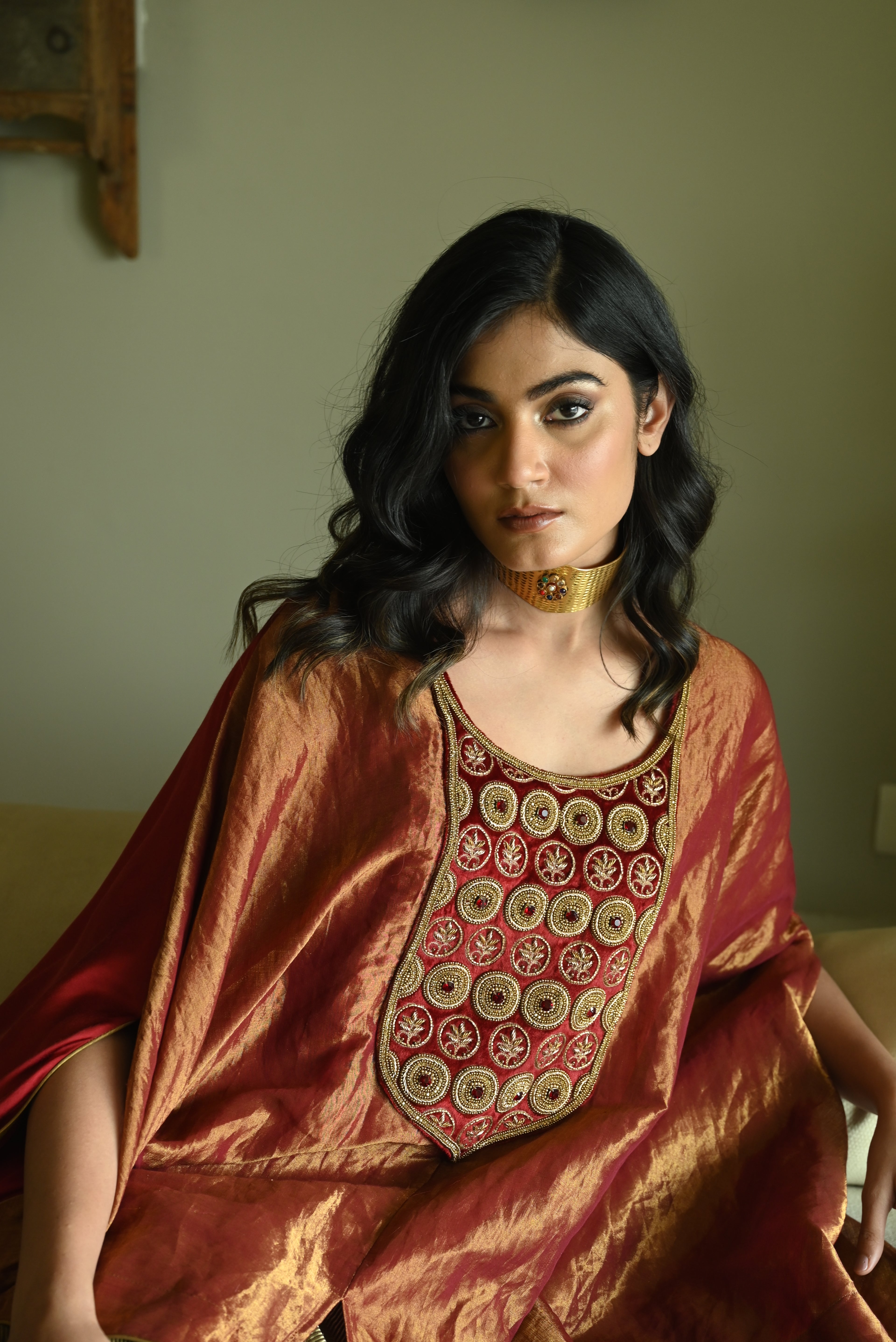 Begum Cape in Red Tissue with Cowl Skirt