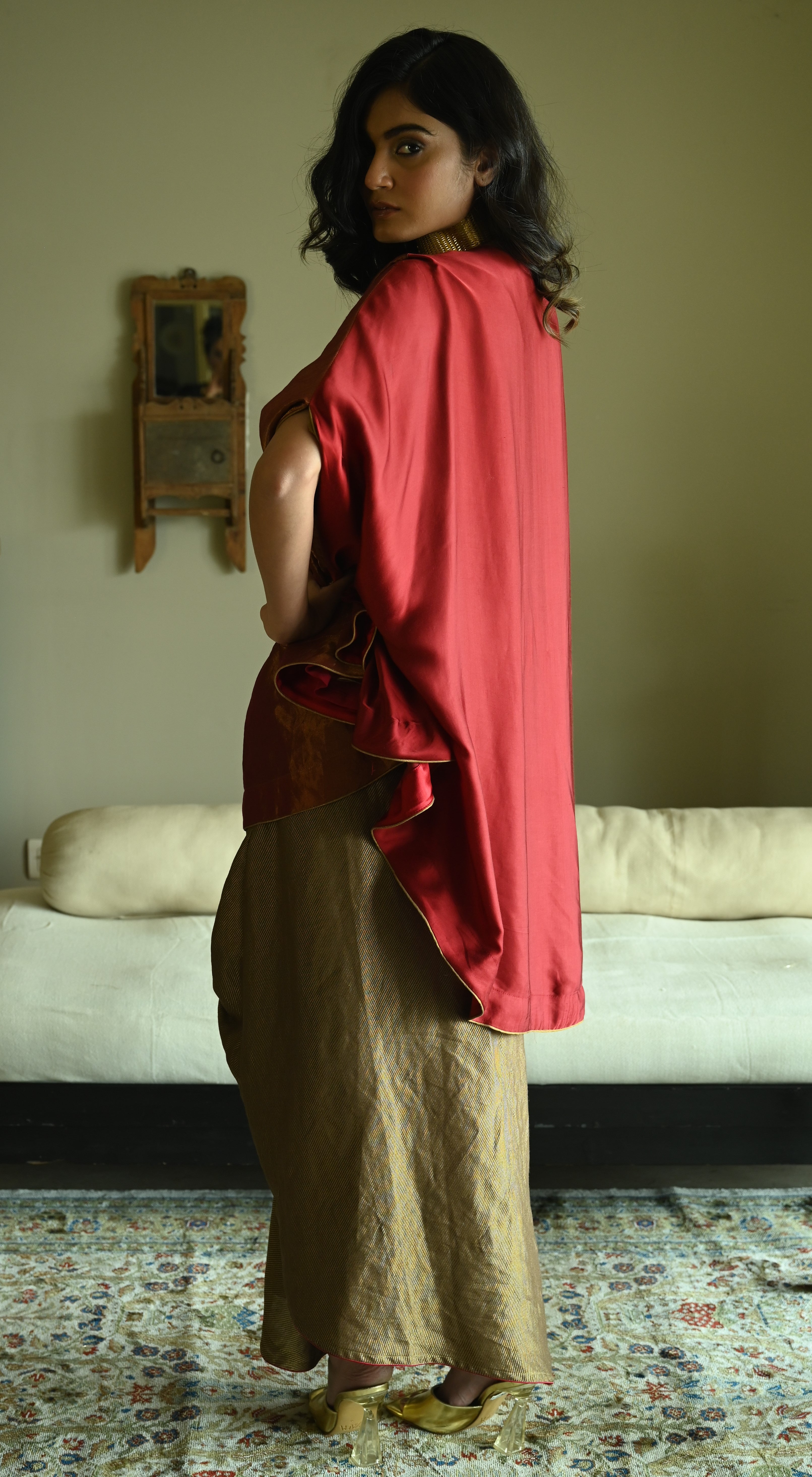 Begum Cape in Red Tissue with Cowl Skirt