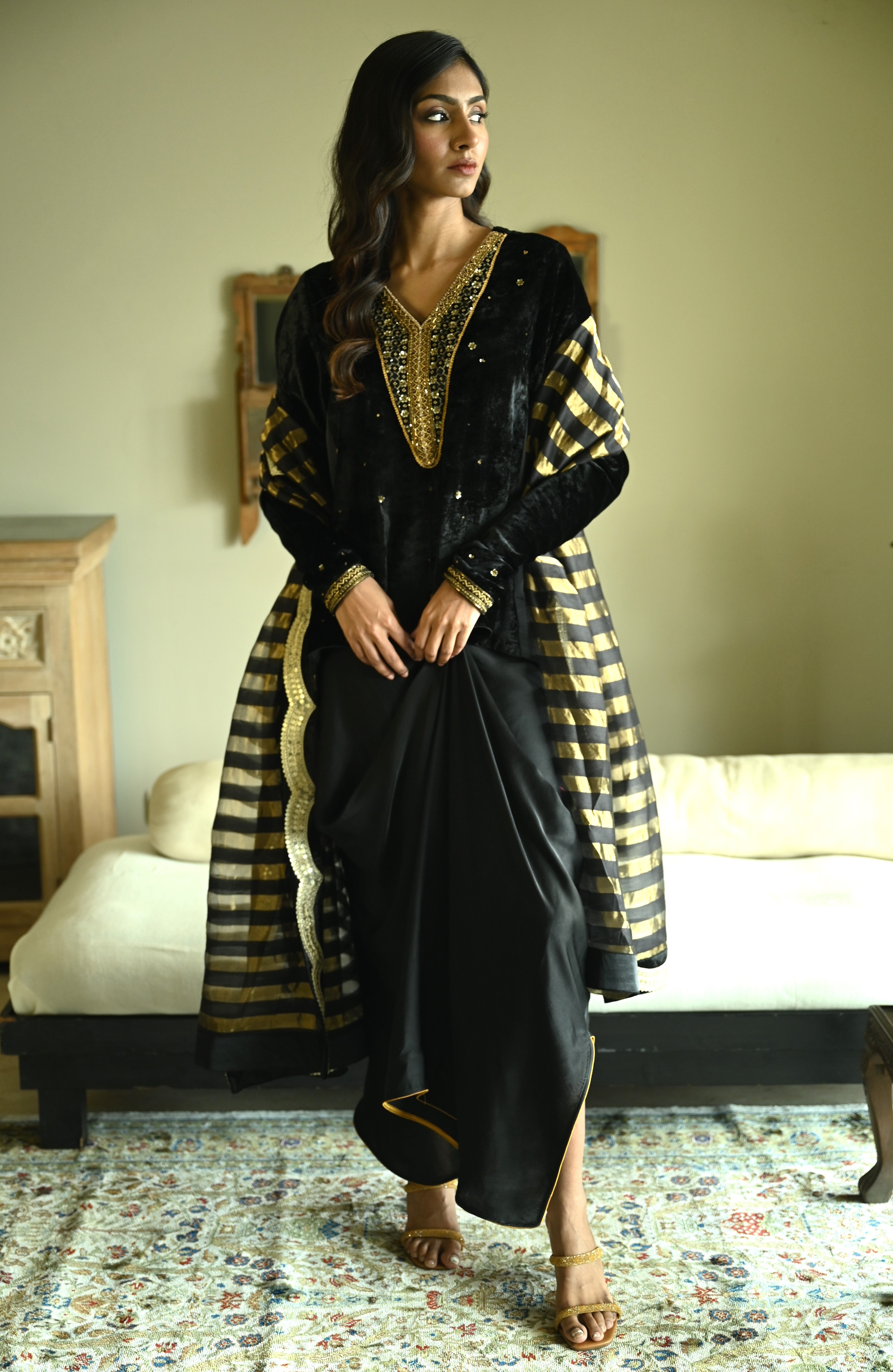Churi Shabana with Kalis in Black Velvet with  Cowl Skirt