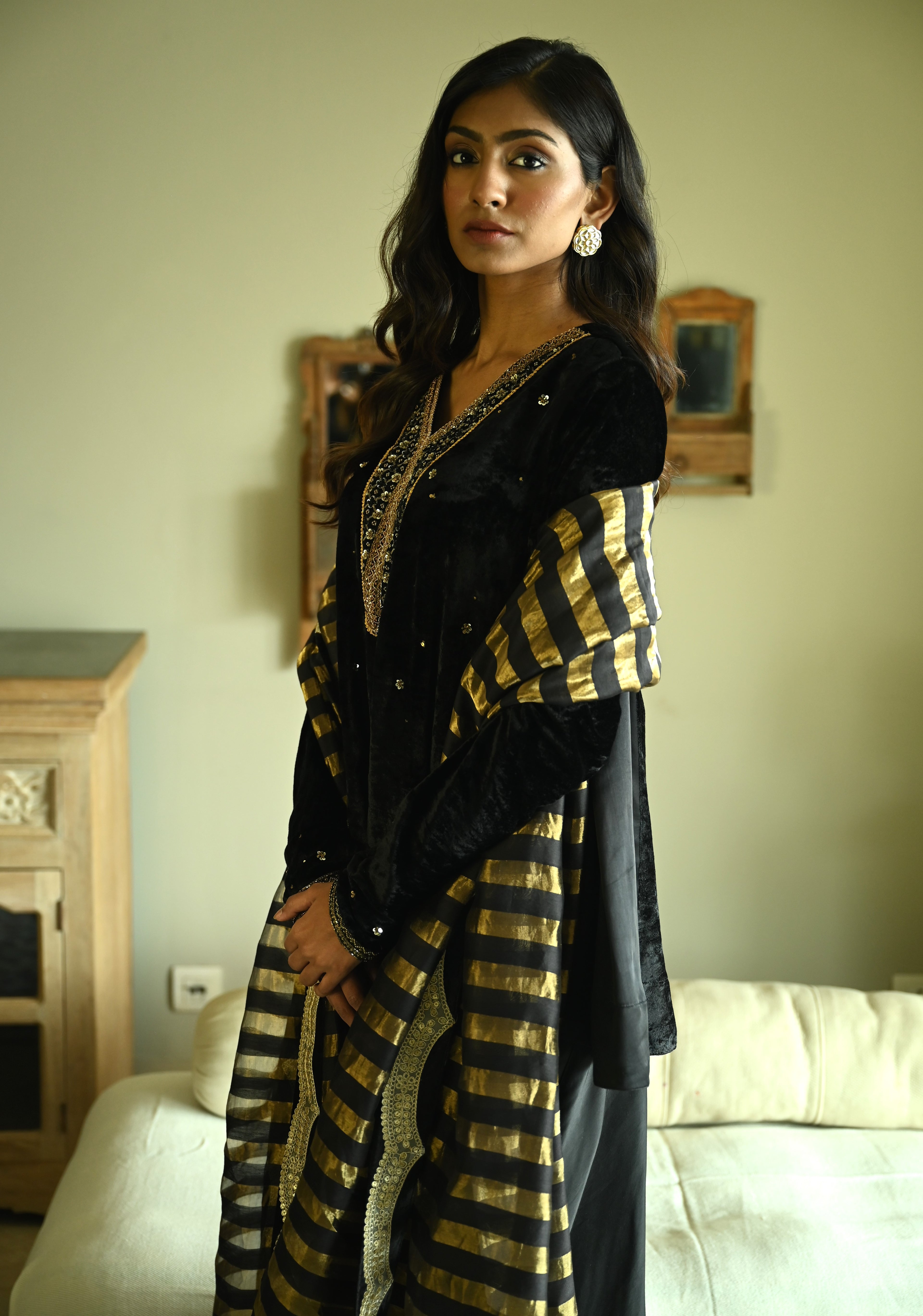 Churi Shabana with Kalis in Black Velvet with  Cowl Skirt