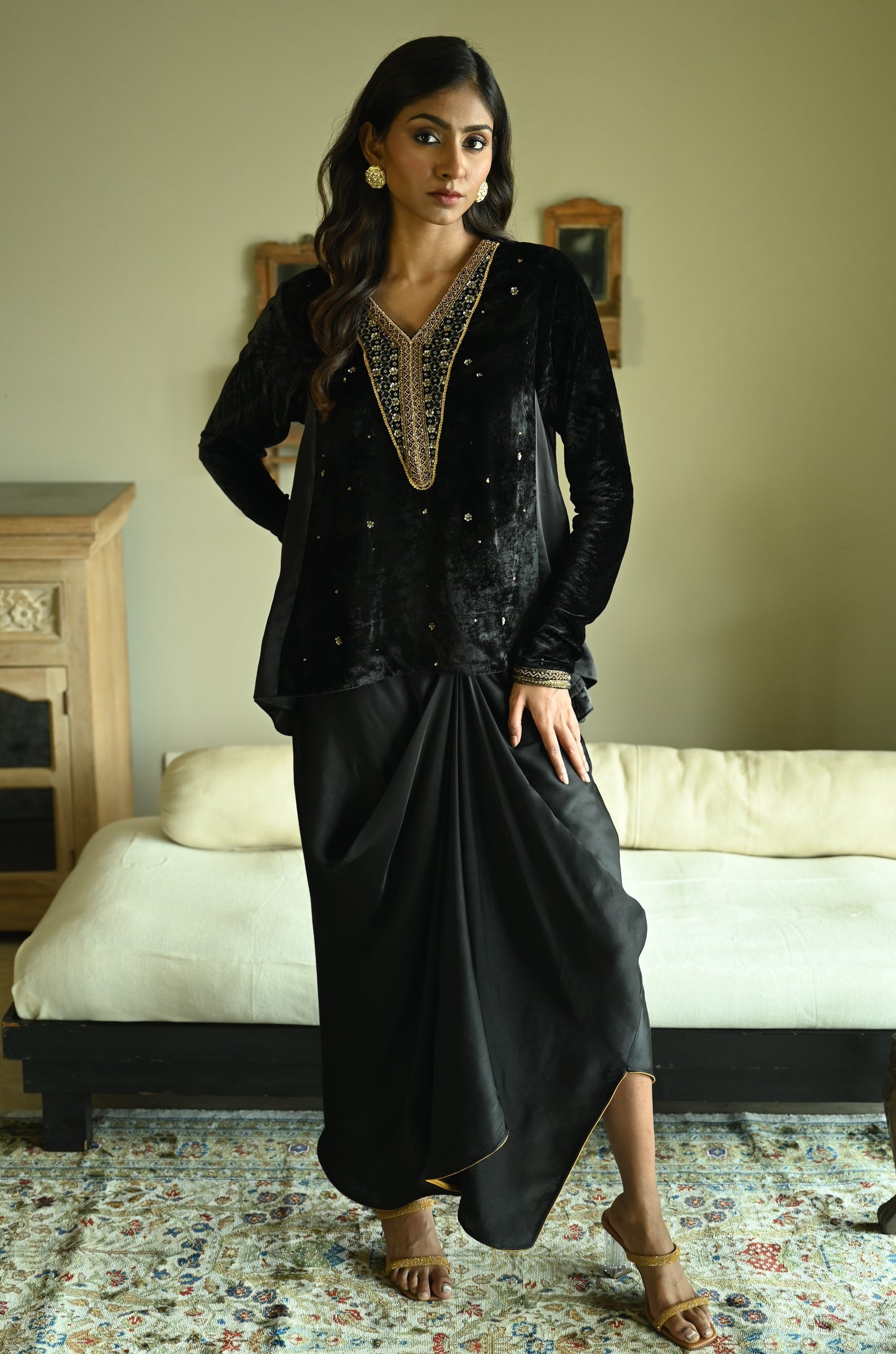 Churi Shabana with Kalis in Black Velvet with  Cowl Skirt