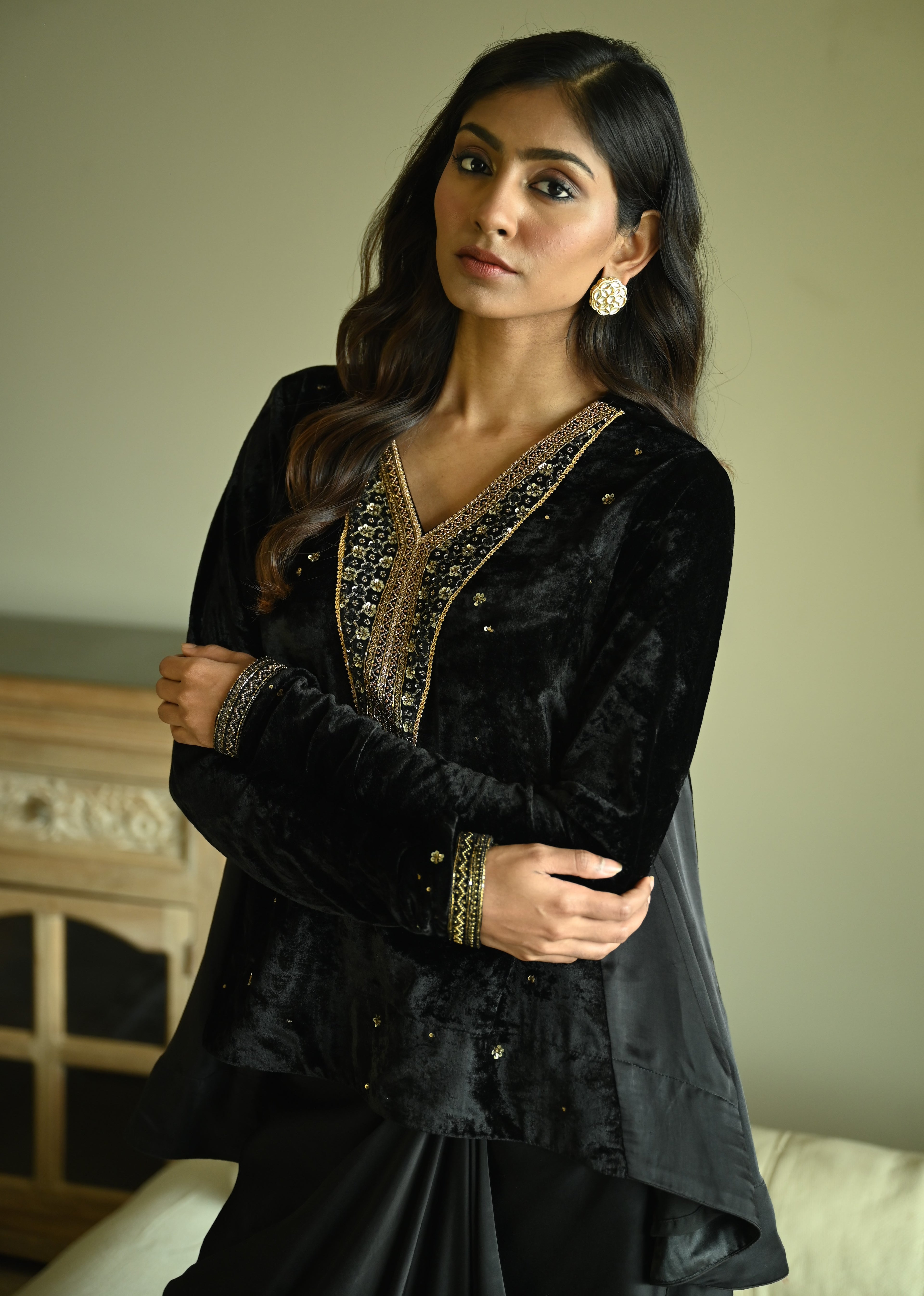 Churi Shabana with Kalis in Black Velvet with  Cowl Skirt